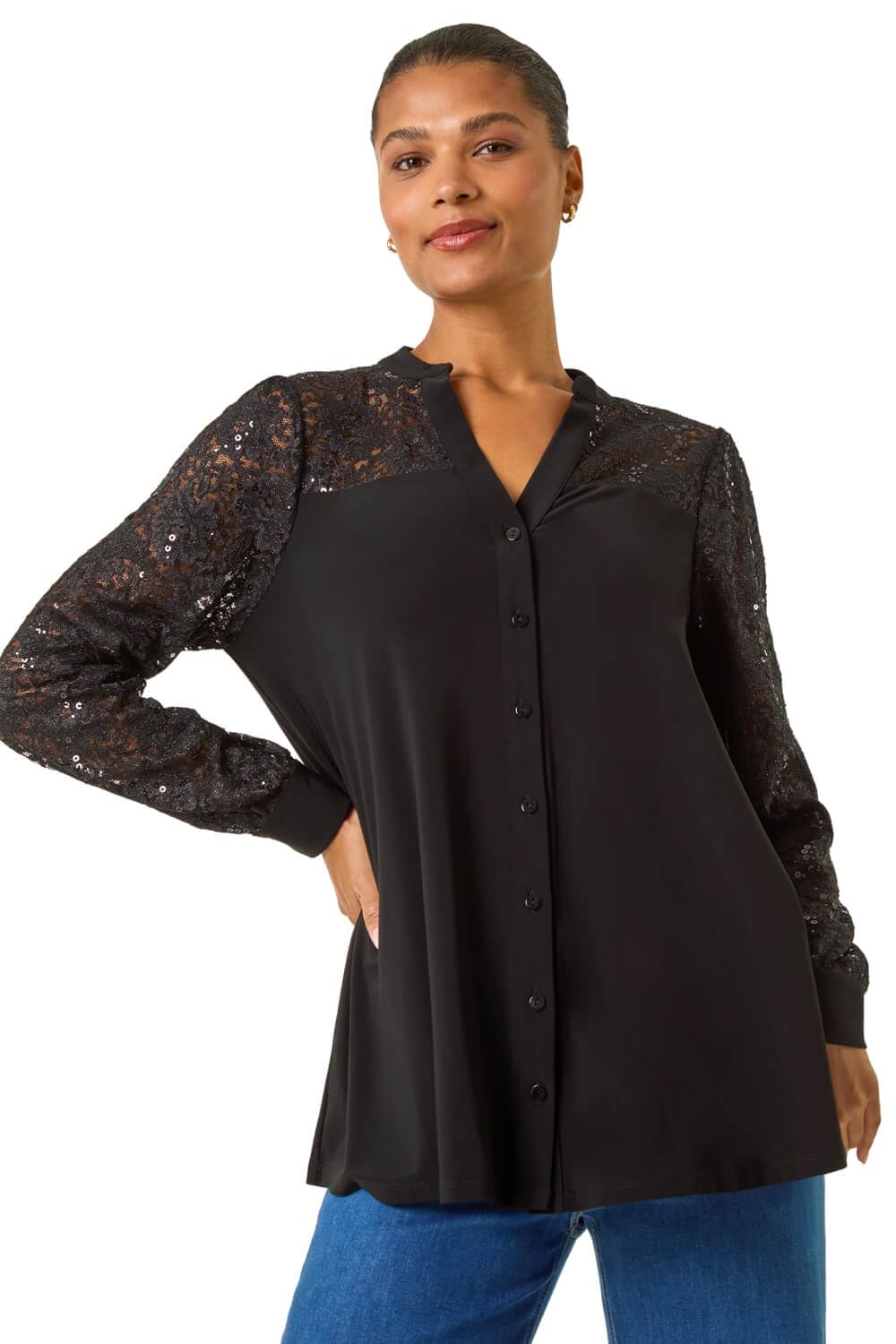 Roman Originals Sequin Embellished Detail Blouse for Women UK - Ladies Autumn Everyday Winter Holiday Notch Neckline Comfy Long Sleeve Soft Shirt Stretch Fabric Tops - Noir - Size 10