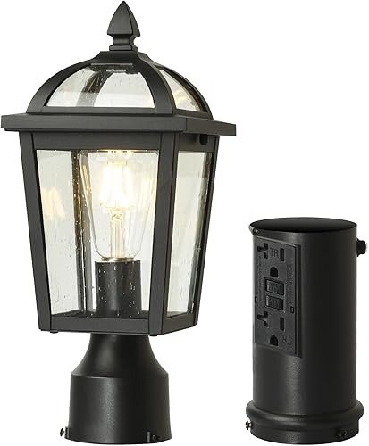 Luz de poste al aire libre del atardecer al amanecer con salida GFCI, lámpara de poste de aluminio impermeable, lámpara de poste de poste de luz