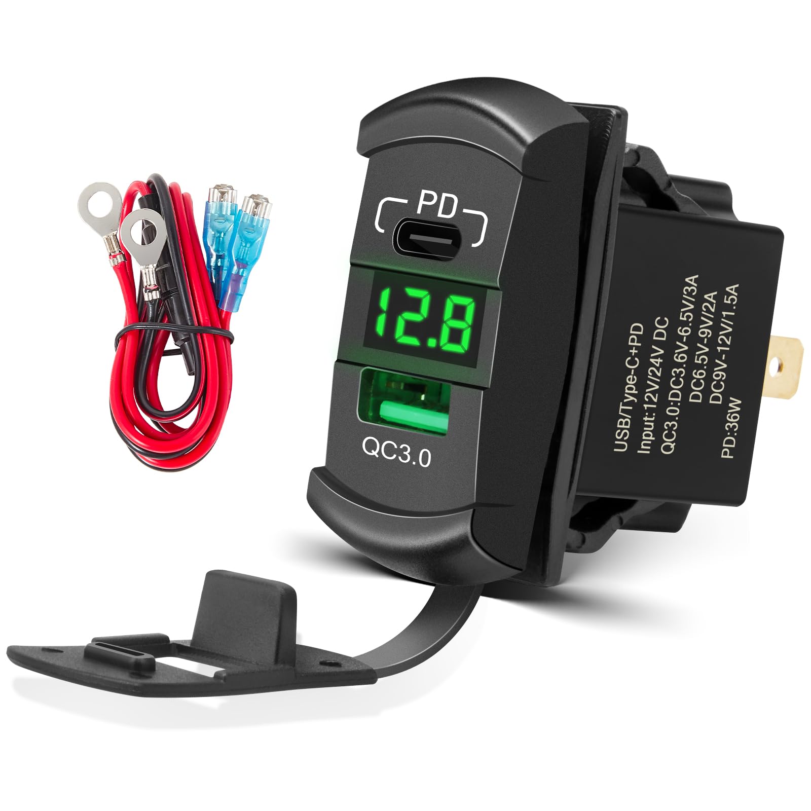 Anina USB C Rocker Switch Insert 12V 24V 30W USB A PD Outlet Socket with LED Voltage Display 18W QC 3.0 Charger Replacement for Marine Cars Truck Van