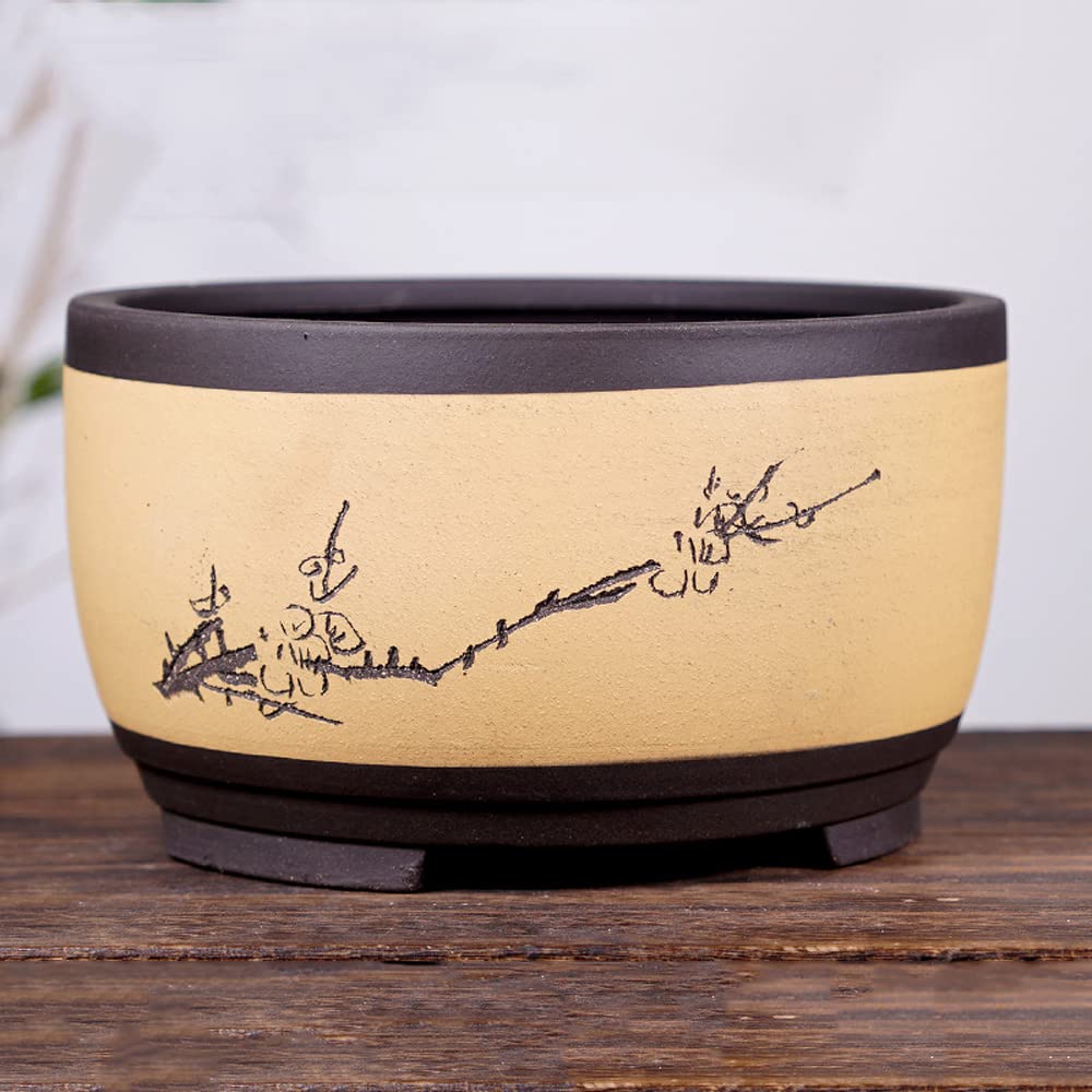 Ceramiczna doniczka bonsai z nieszkliwioną ceramiką i nóżkami, płytka gliniana doniczka z motywem gałązki kwiatu śliwy do roślin doniczkowych i sukulentów