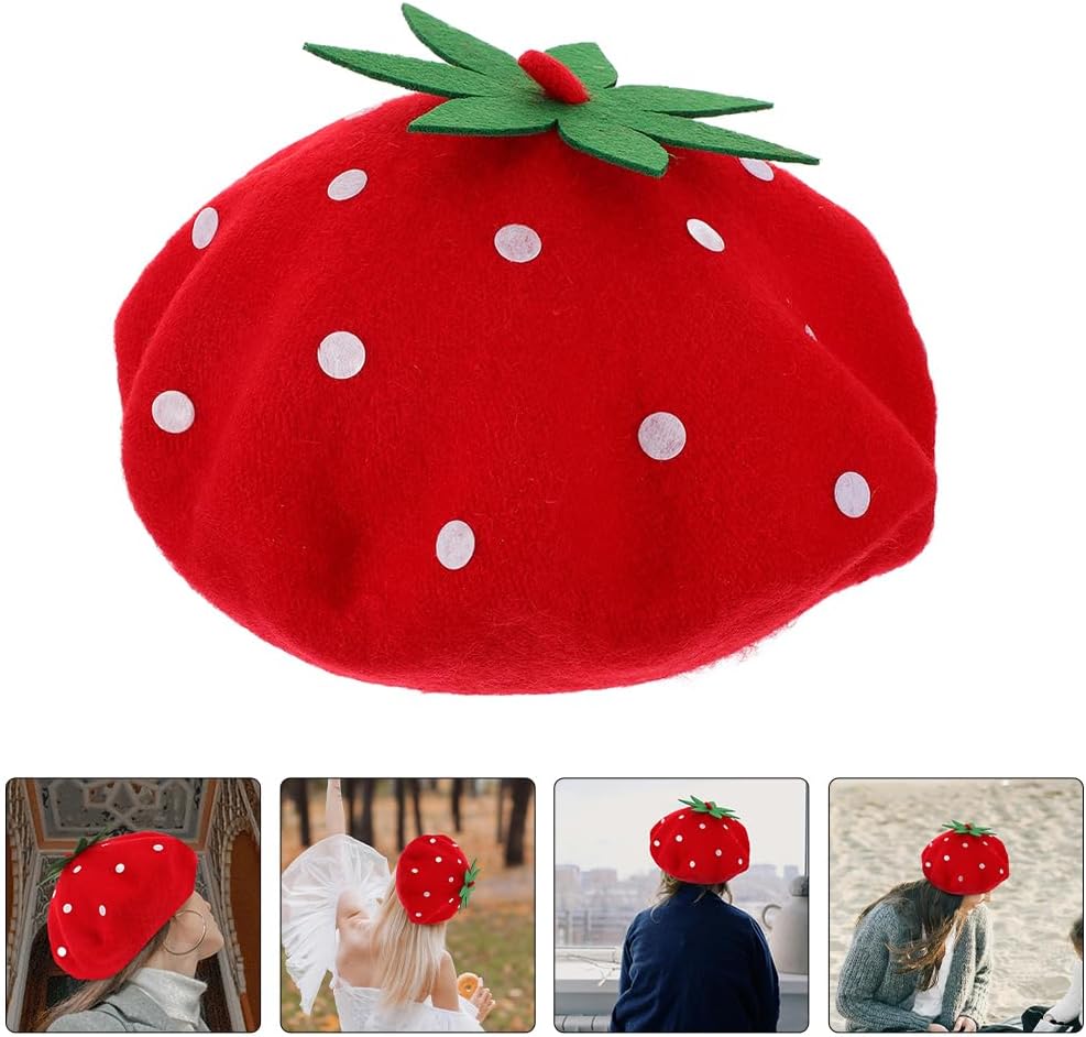 Strawberry Beret Hat for Women French Style Wool Blend Cute Cosplay Party Decorative Artist Painter Cap 9.84 Inch Diameter - Image 7
