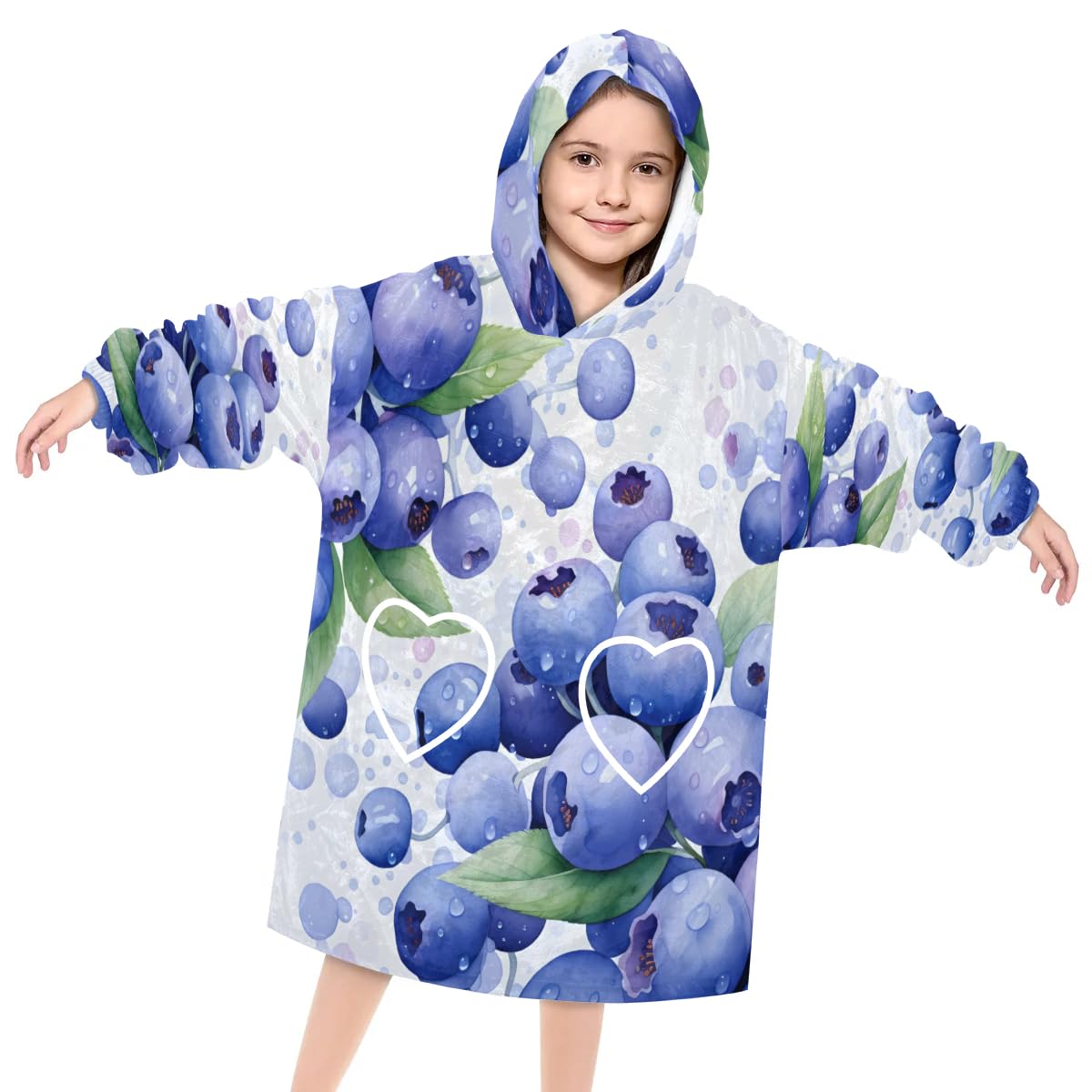 Pardick Wearable Blanket Hoodie for Kids, Juicy Blueberries Fleece Sweatshirt Blanket Oversized Blanket Sweatshirt with Pocket Flannel Warm Hooded Blanket 6-10 Year Old Girl Boy Gift, One Size