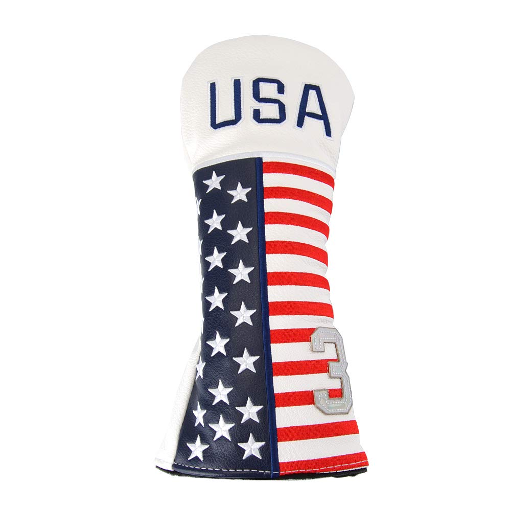 GOOACTION 1PC USA Golf Club Fairway Wood Head Cover with Creative Stars and Stripes American Flag Pattern Synthetic Leather Patriotic Golf Headcovers (Tag 3)