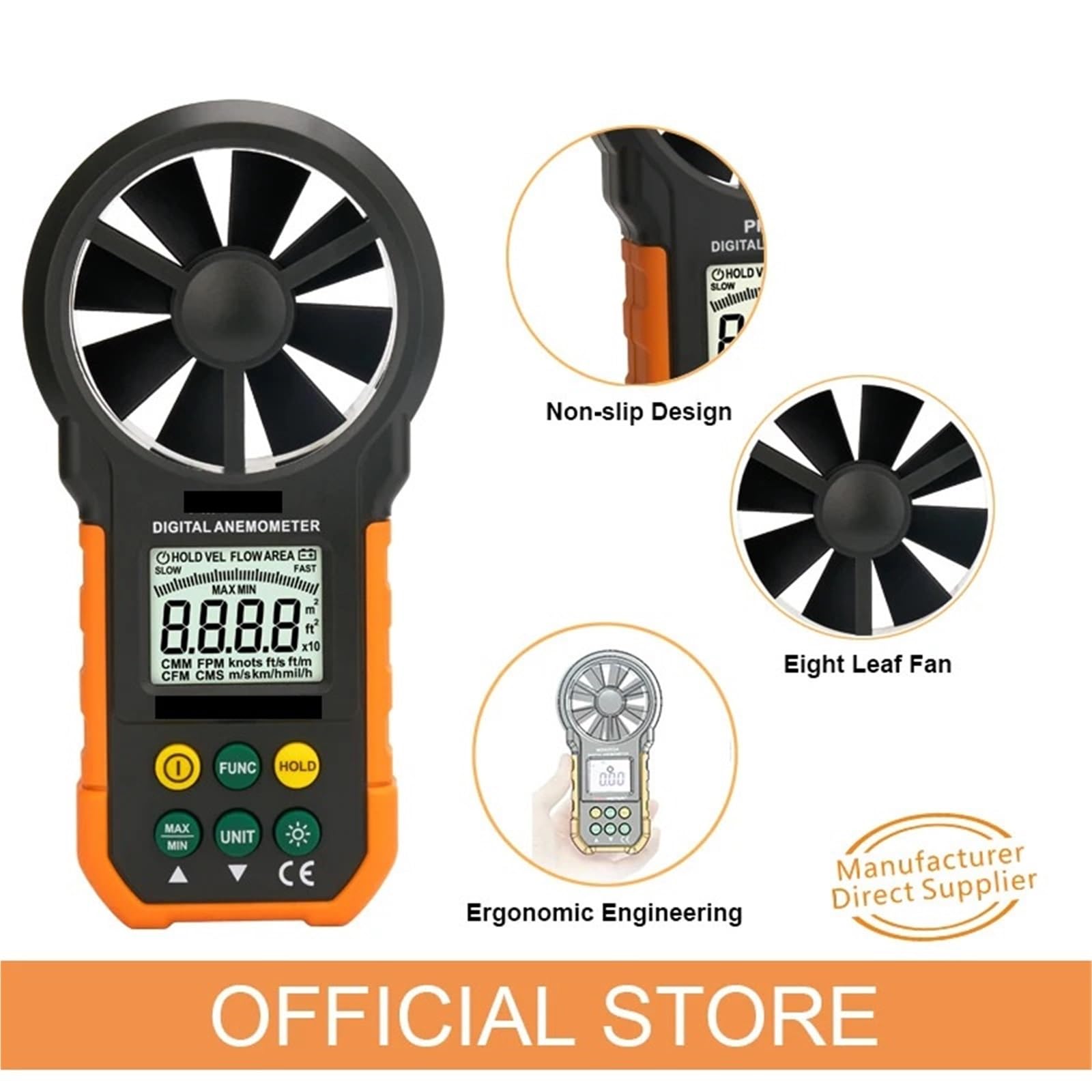 Anemómetro Portátil, Anemómetro de mano con pantalla LCD digital, medidor de velocidad del viento, instrumento industrial for medir la velocidad del viento en interiores y exteriores.