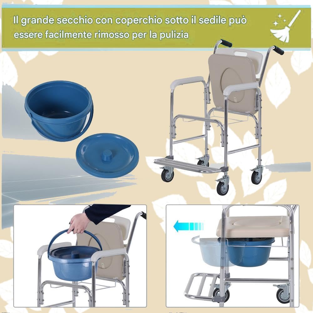 BAKAJI Silla de ruedas impermeable con inodoro y asiento de piel sintética con 4 ruedas y freno, maceta extraíble con reposabrazos cómodos, asiento con inodoro y respaldo para pacientes, ancianos