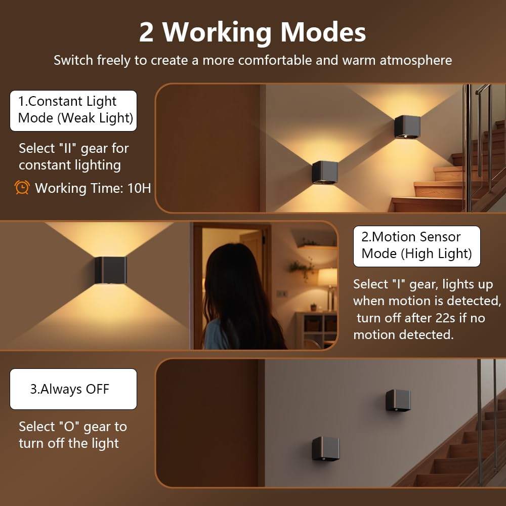 Applique da Parete con Sensore di Movimento 2 Pezzi LED Lampada da Parete Interno Bianco Caldo 2 Modalità Angolo di Luce Regolabile Ricaricabile USB-C per Balconi, Corridoi, Camere da Letto