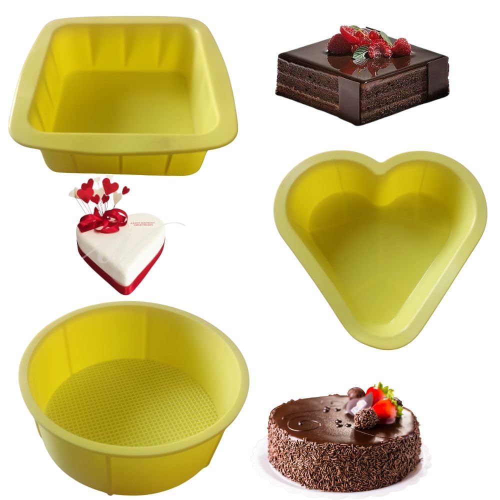 Casa Azul Silicone Square, Round, Heart Combo Cake Tin Oven/Airfryer/Pressure Cooker Safe for Home Baking Mould (Yellow)