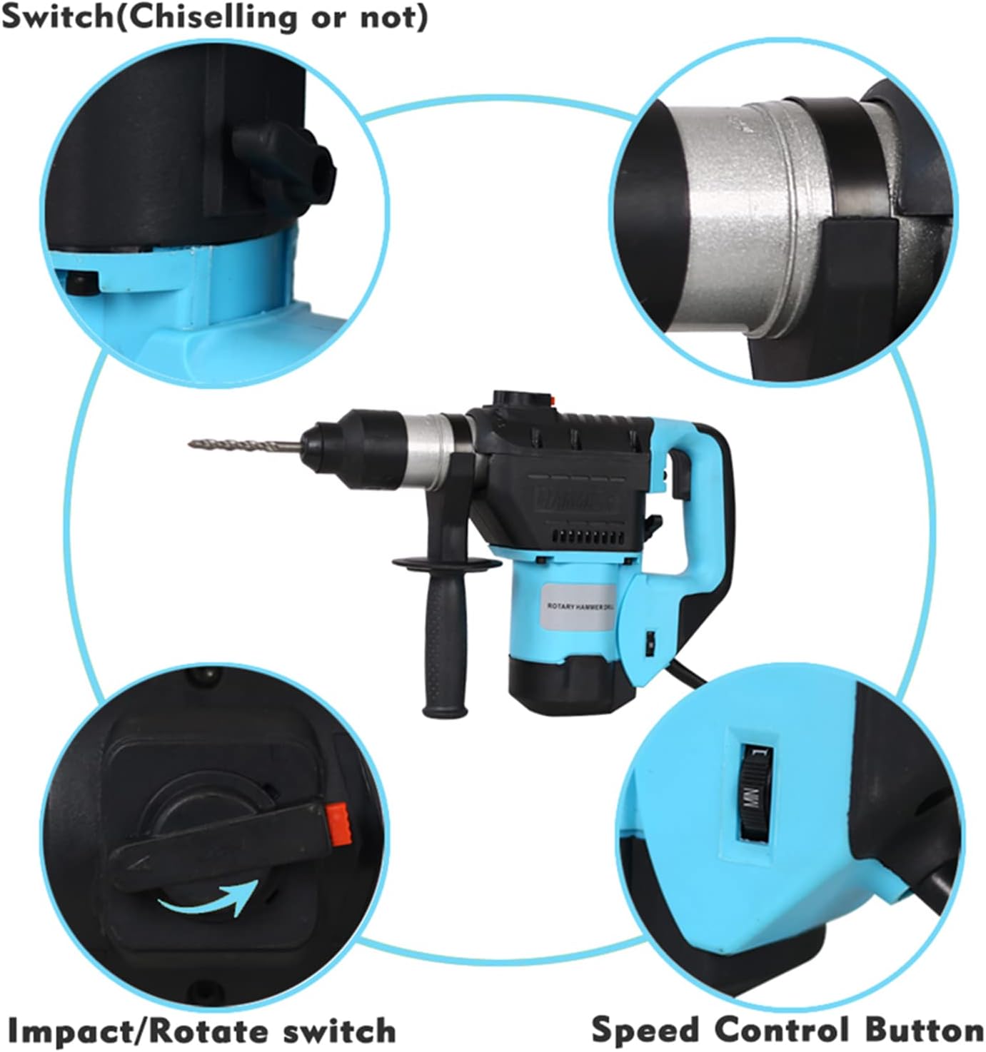Rotary Hammer 1100W(Blue + Black) 1-1/2" SDS Plus Rotary Hammer Drill 3 Functions,Blue