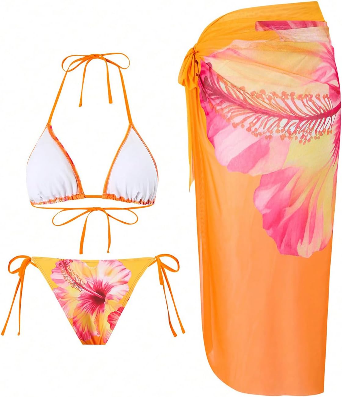 SOLY HUX Women's Bathing Suits 3 Piece Swimsuits Floral Halter High Cut Bikini Set with Mesh Coverup Wrap Skirts - Image 2