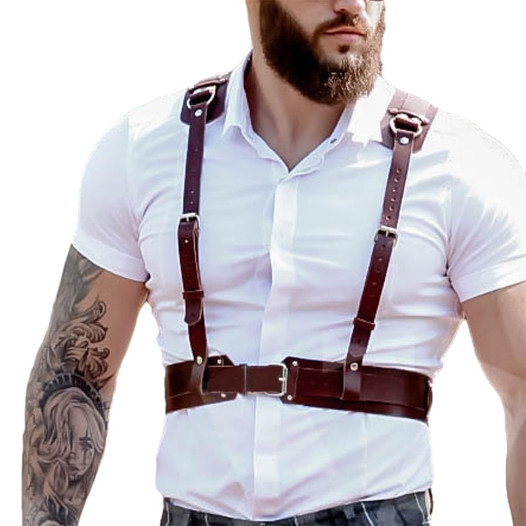 Men Chest Chain Body Chains Sexy Halter Harness Punk Body Chain Jewellery, Brown, As detailed description