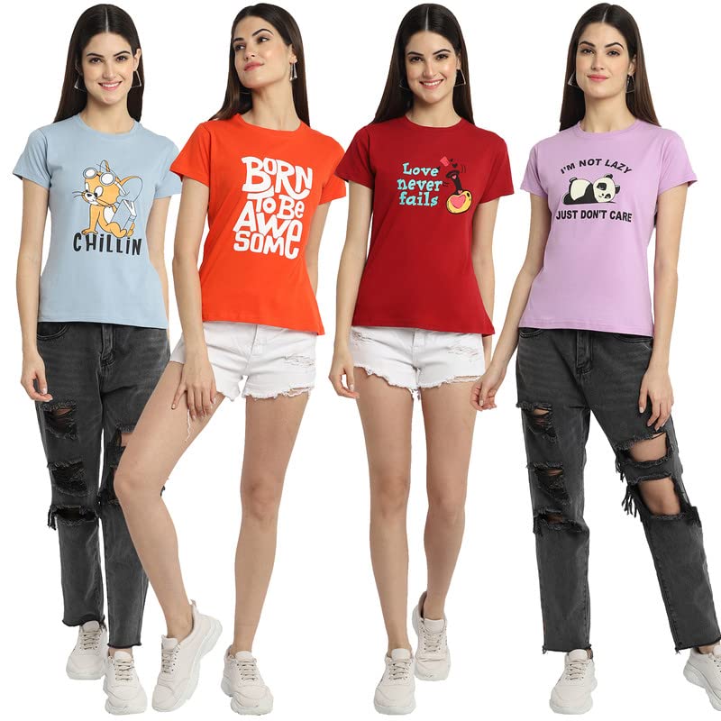 Image of Preneum Women's Cotton Regular Fit Graphic Stylish Printed Short Sleeves Casual T-Shirt |Trend & Styles