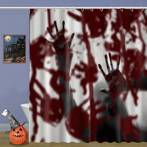 Miniatura 2 de Cortina de ducha con temática de Halloween de película de terror, diseño gótico sangriento espeluznante, juego de cortinas de baño de mansión