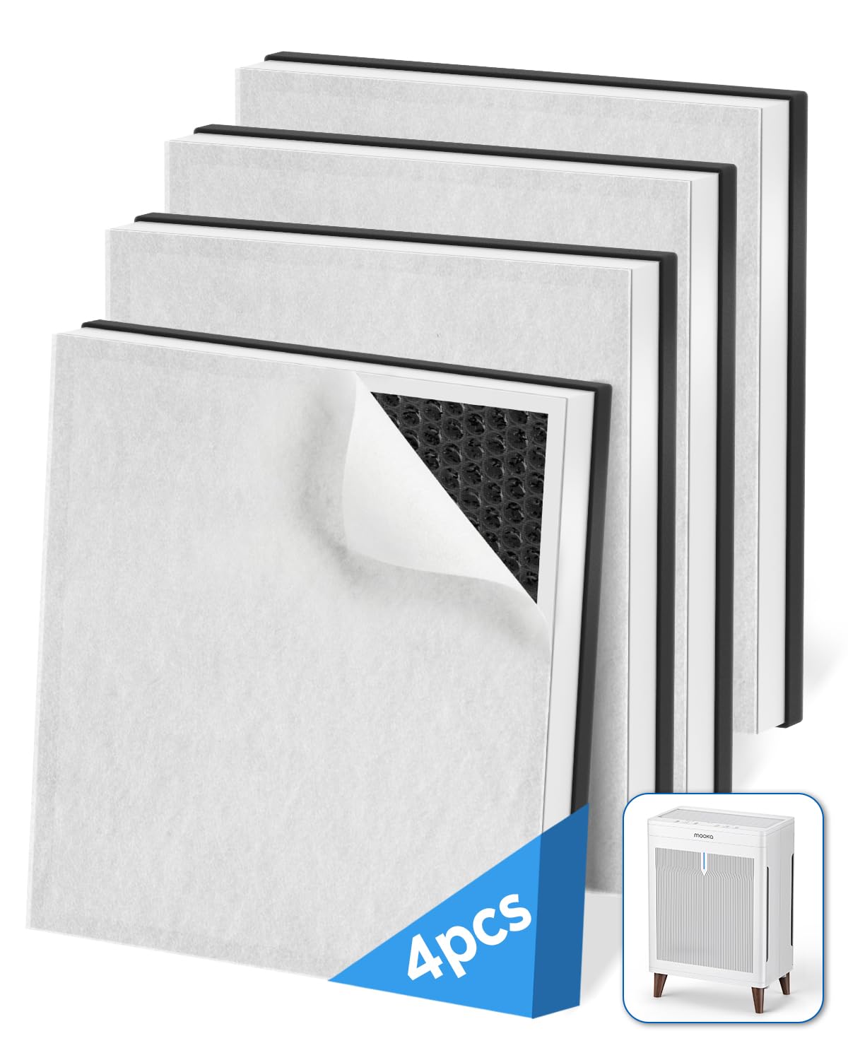 4 Pack Replacement Filters Compatible with MOOKA HKB320F Air Purifier,Genuine Washable Pre-Filter with Activated Carbon
