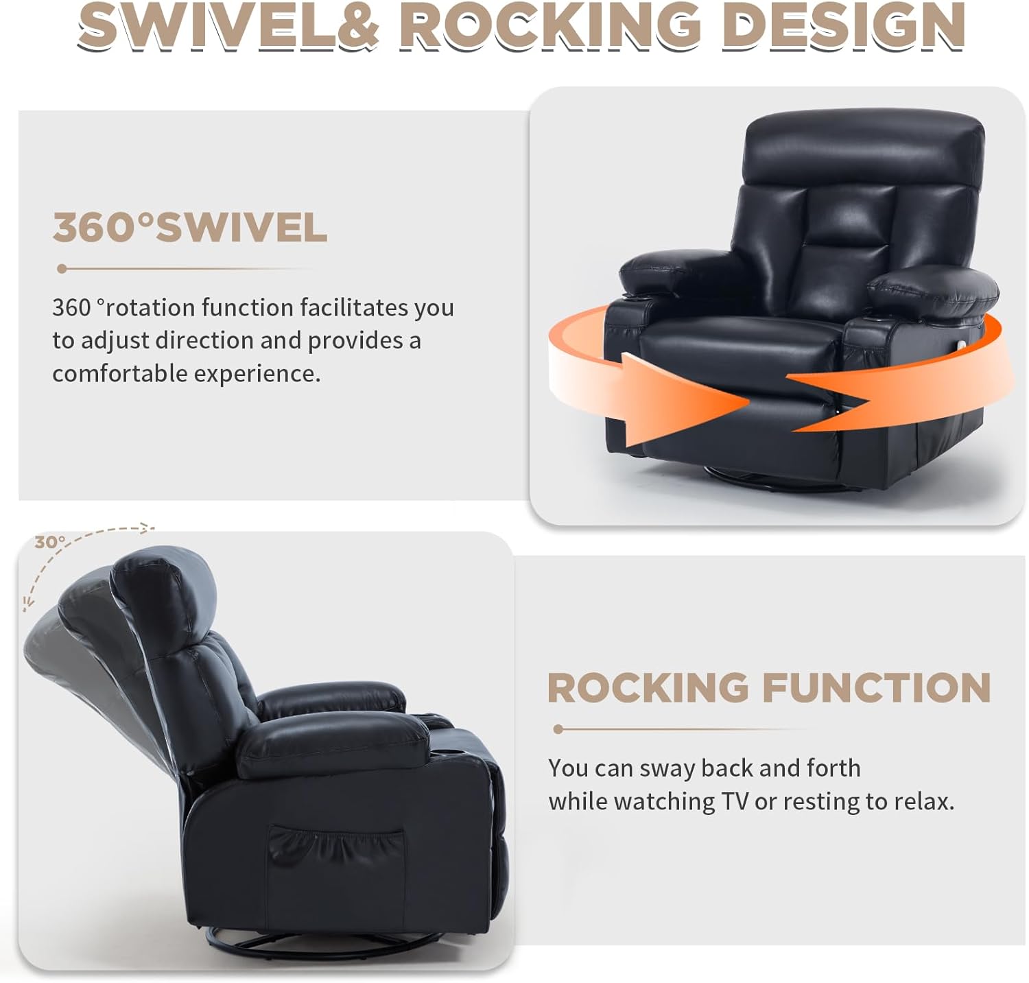 Rocker Recliner Chair with Heat and Massage, Wide Seat Heated Massaging Reclining Chair, Faux Leather Manual Swivel Rocking Recliners with Cup Holder, Black