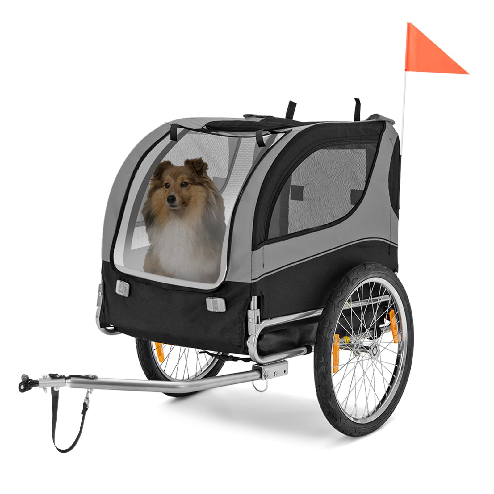 GOPLUS Remorque de Vélo pour Chien, Chariot pour Chien avec Drapeau de Sécurité, 8 Réflecteurs, Cadre Pliable, Roues à Dégagement Rapide, Convient aux Animaux, Charge Max. 40 kg (Gris)