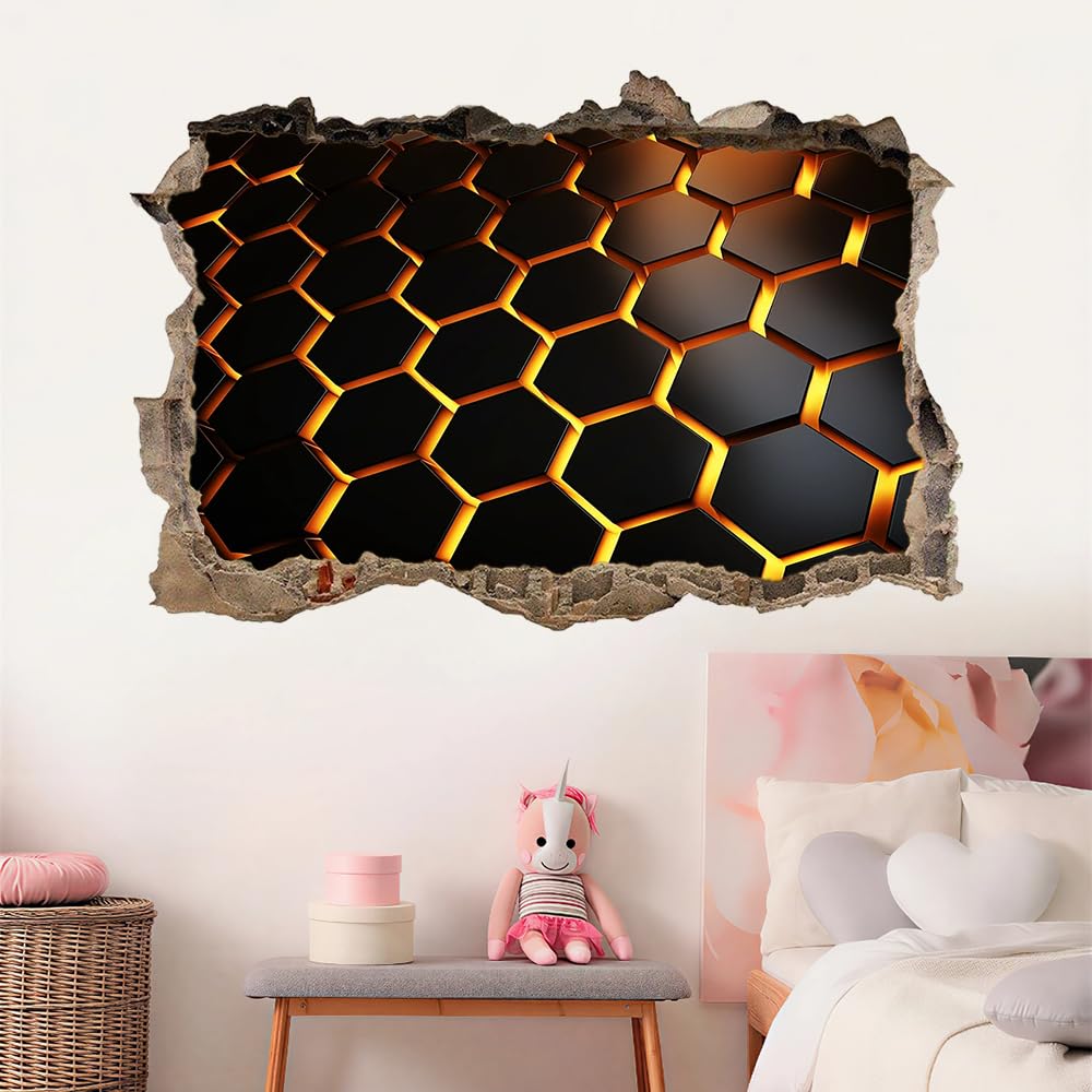 3D Durchbruch Wandtattoo Mädchen Kinderzimmer Wabenförmige Geometrie Wandaufkleber Dekorative Schwarz Und Gold Wandsticker für Junge Teenager Zimmer Wohnzimmer Schlafzimmer Wandbilder Deko