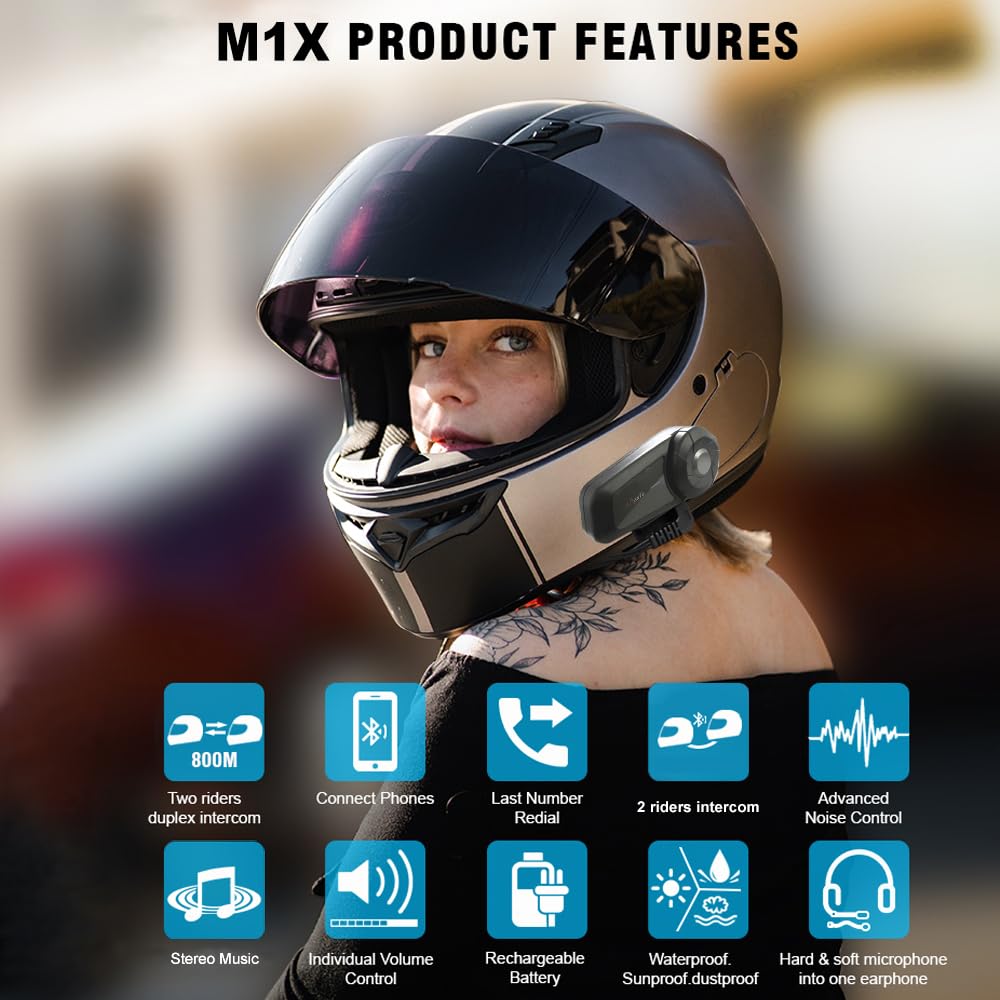 QSPORTPEAK MX1 Motorcycle Helmet Bluetooth Intercom Headset Communication Systems Kit, 800M 2 Riders, Noise Cancellation - Image 2