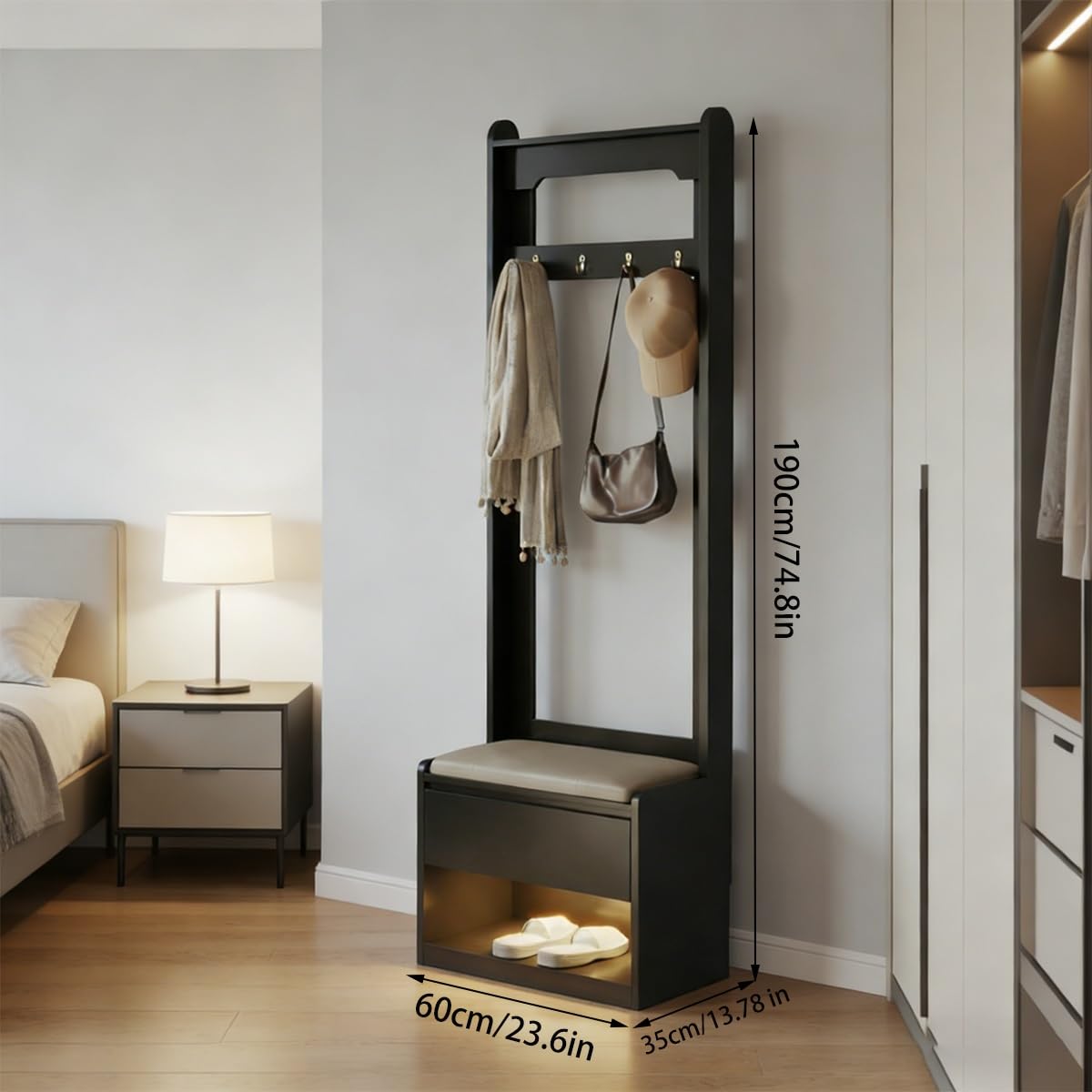 Albero da ingresso 3 in 1 con panca portaoggetti e ganci, appendiabiti da ingresso, mobili salvaspazio per ingresso/ufficio/camera da letto, nero, lunghezza 60 cm
