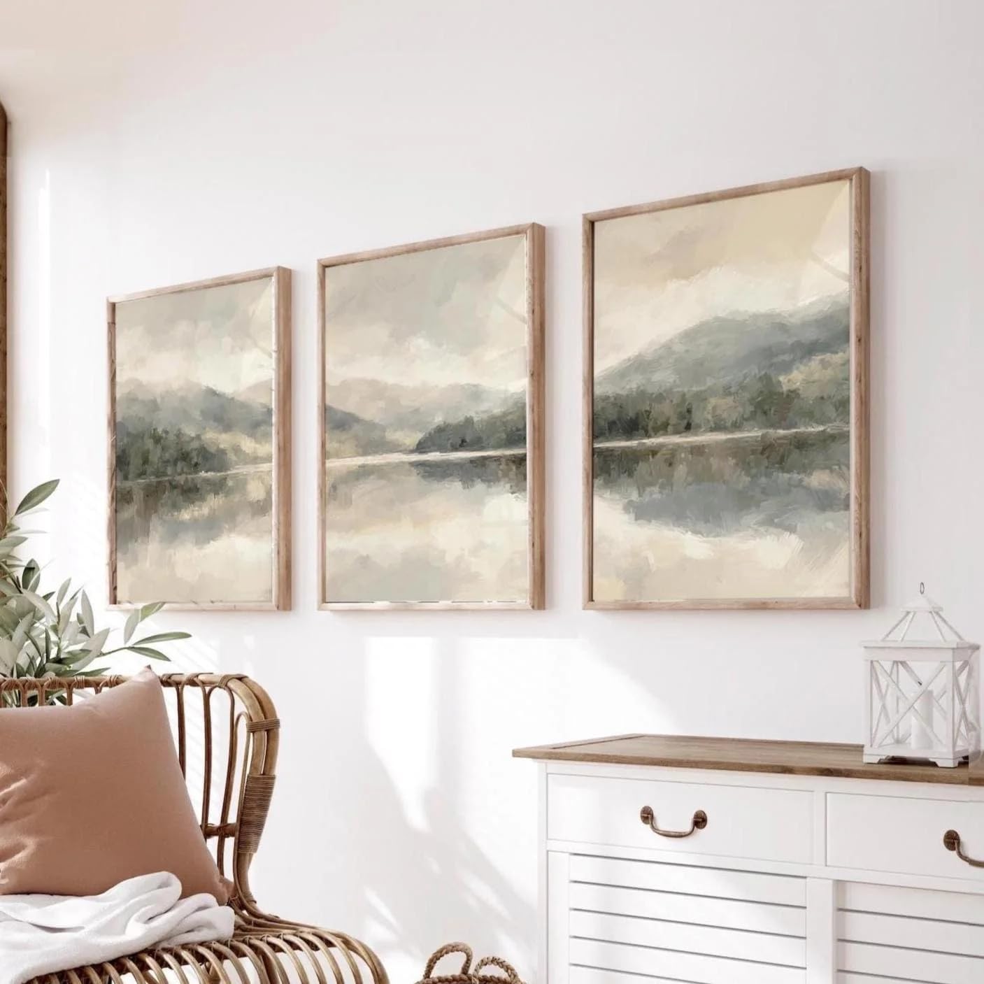 Peaceful Lake Countryside Wall Art Canvas Prints Poster Sage Living Room Neutral Kitchen Green(40x60cm-3Pcs)
