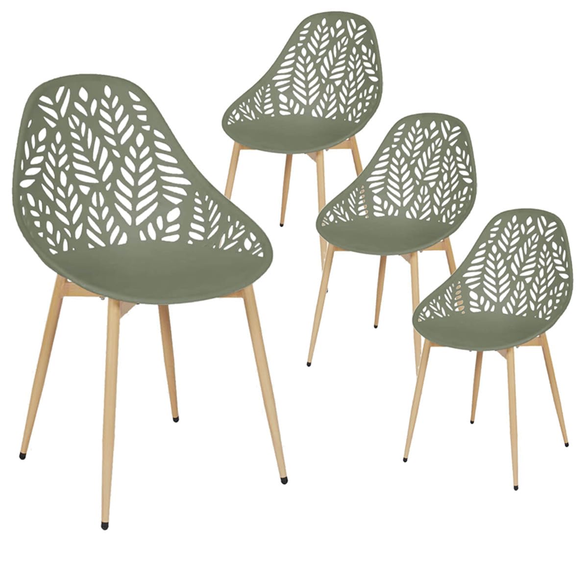 AltoBuy SAYA - Lot de 4 Chaises de Jardin Coque Plastique Ajourée Vert Olive Pieds Métal