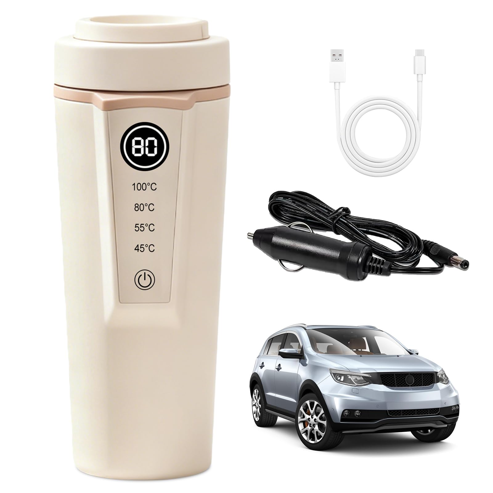 Bouilloire pour voiture, 500 ml, bouilloire de voyage portable 12 V 24 V, avec réglage de la température, pour thé, café, voyage, camping, arrêt automatique, anti-fuite, beige
