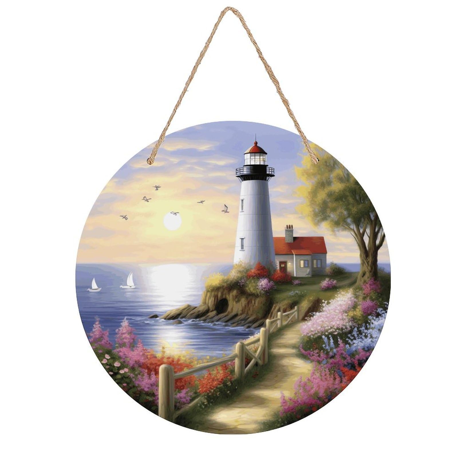 LZQPOEAS Lighthouse Diamond Painting Round Wood Wall Art Painting, 7.9 Inch Circular Wooden Door Hanger Decorative Paintings, Rope-Hanging Wooden Wall Plaque for Home Decor And Office Party