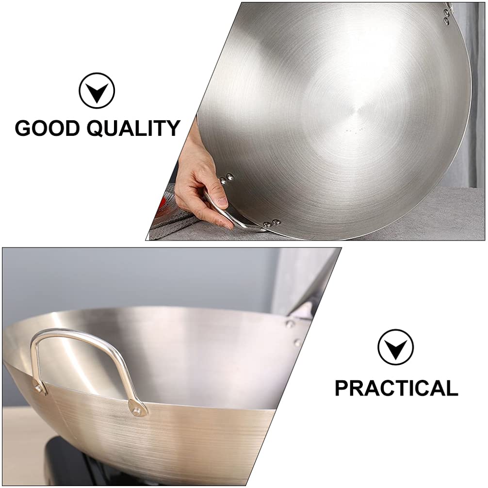 DOITOOL Grillpfanne mit Antihaftbeschichtung, Wokpfanne mit zwei Ohren, tiefe Edelstahl-Bratpfanne, Metall, japanische Rührpfanne, Peking Wok, Küchenhelfer, silberfarben, 32 cm Wokpfanne