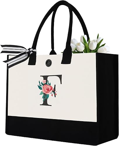 Miniatura 179 de Initial Canvas Tote Bag, Personalized Birthday Gifts for Women Mom Friends Teachers, Monogrammed Tote Bags Suitable for Mother's Day Wedding Beach
