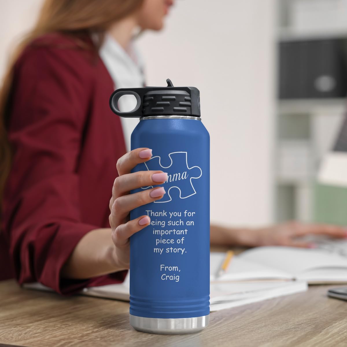 PlaqueMaker Personalized Thank You For Being A Piece of My Story Coffee, Tea, & Water Mugs, Cups, & Travel Tumblers - Great Gifts For Teachers, Leaders, & Mentors (32-OZ Water Bottle, Royal Blue)