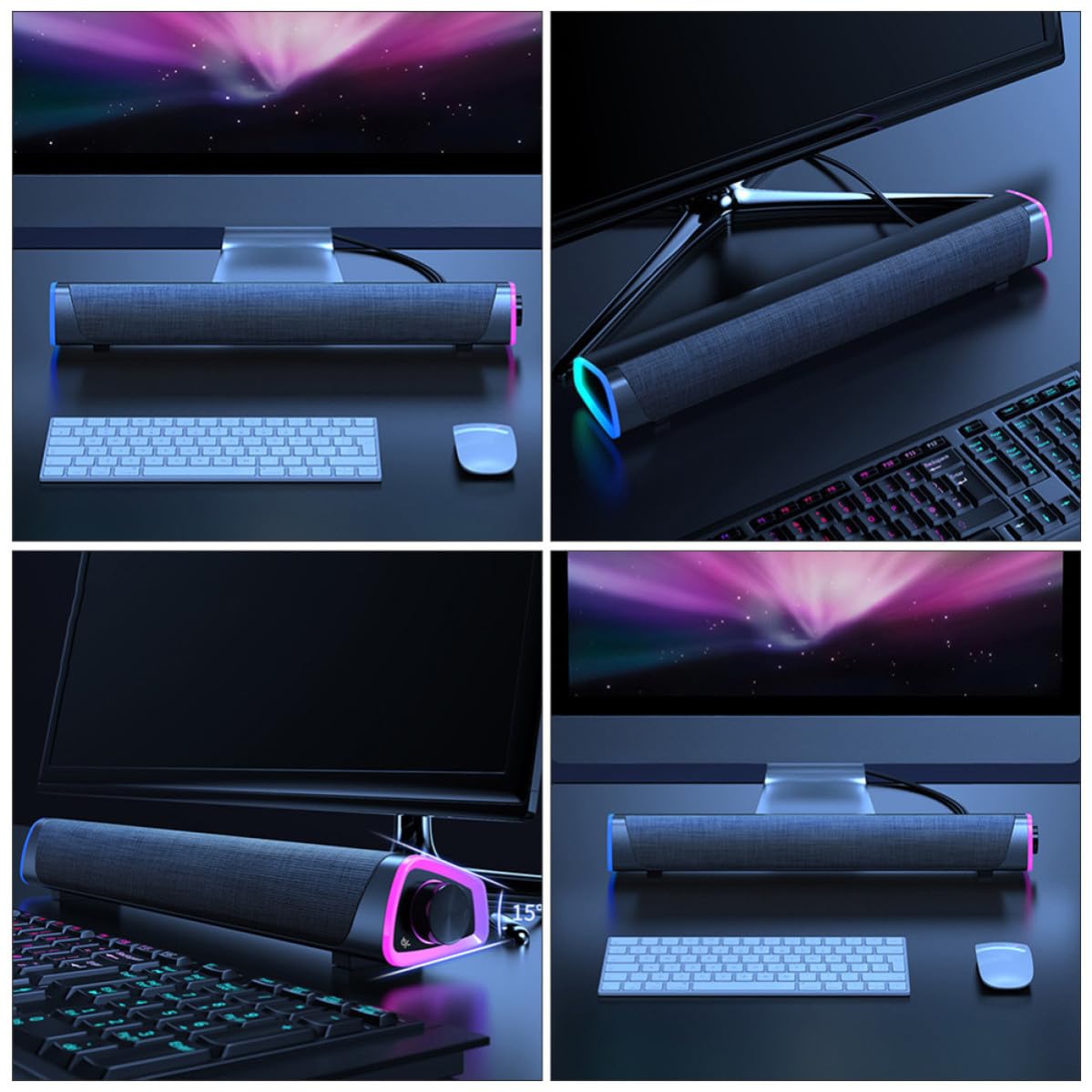 jojofuny Soundbar Cablato per Computer Doppio Altoparlante, Tessuto Nero, Potenza 6w, Design Salvaspazio per Ufficio e Gaming