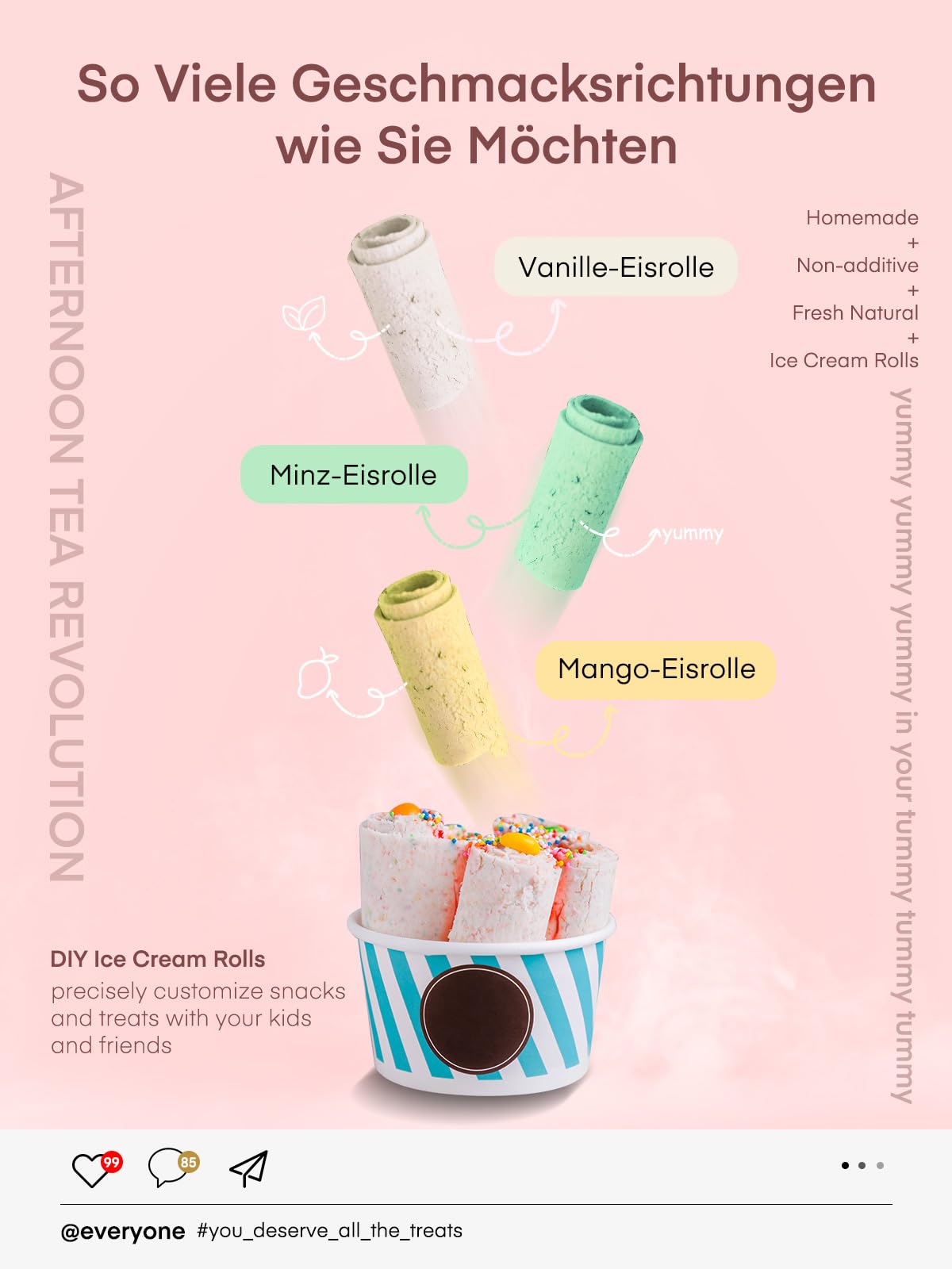 Selbstkühlende Roll-Eismaschine für Zuhause mit Kompressor, Soft Eis in nur 3 Mins, One-Touch Bedienung, Vielfältige Sortenwechsel, Gesunde Selbstgemachte Ice Cream Rolls, Rezept, 2 Spachteln, FOHERE
