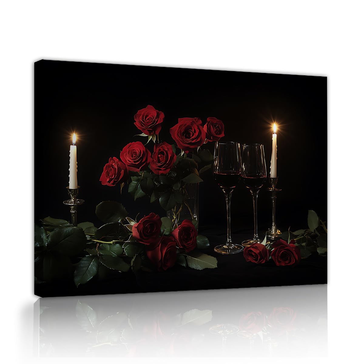 CHERHERART Canvas Wall Art Red Roses Glasses Modern Artwork Romantic Candlelight Dinner Wall Canvas Picture for Dining Room Poster Prints 25x40cm Innerframe