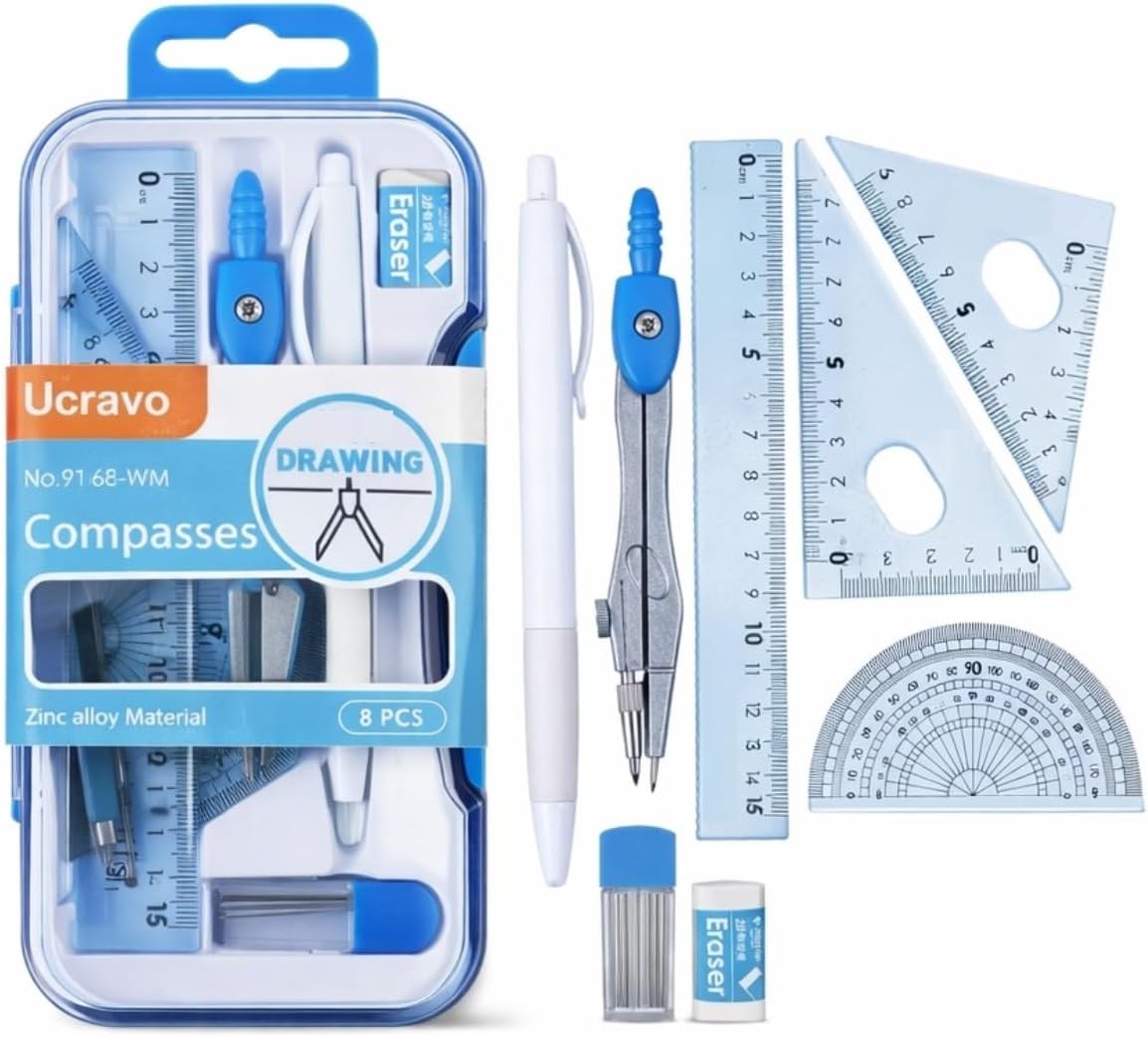 UCRAVO Geometry Box Set for Students & Professionals | 8 Pcs Mathematical Drawing Instruments Kit with Compass, Protractor, Set Squares, Scale Ruler & Pencil Accessories | Instrument Box for School