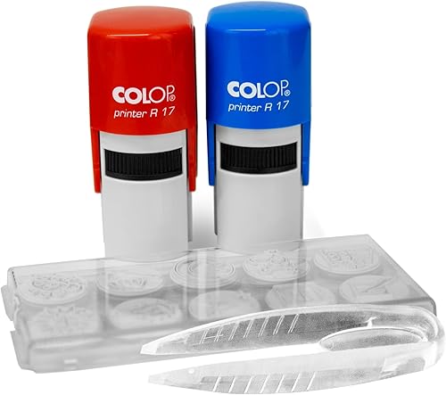 Colop - Kit de sellos temáticos para profesores, sellos autoentintados rojos y azules con 10 mensajes únicos y pinzas para un fácil cambio de