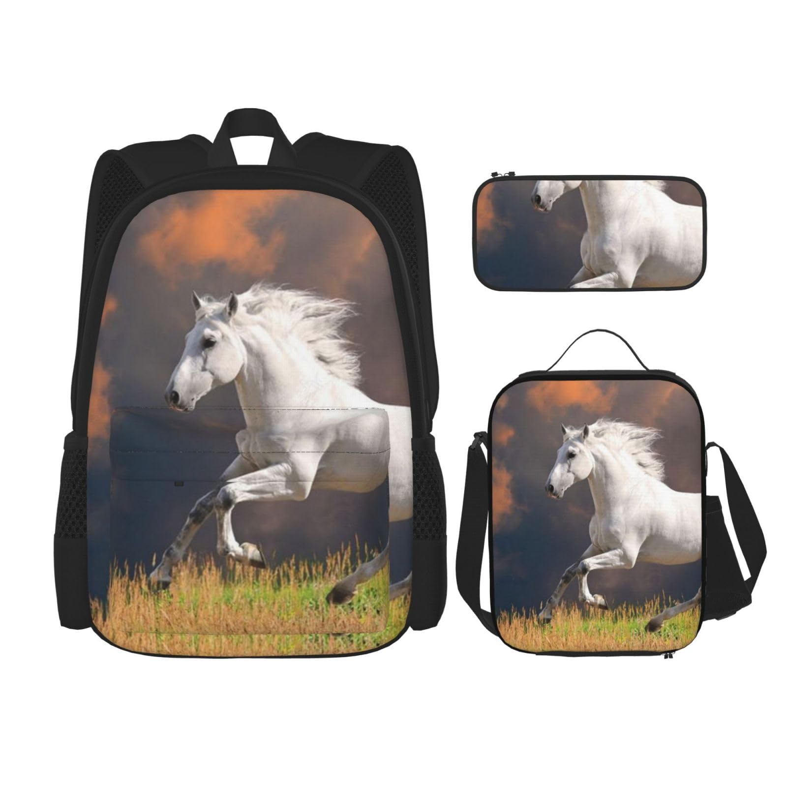 YSOLDA Juego de mochila, mochila escolar, mochila, juego de 3 piezas con bolsa de almuerzo, estuche para lápices,Patrón de caballos blancos