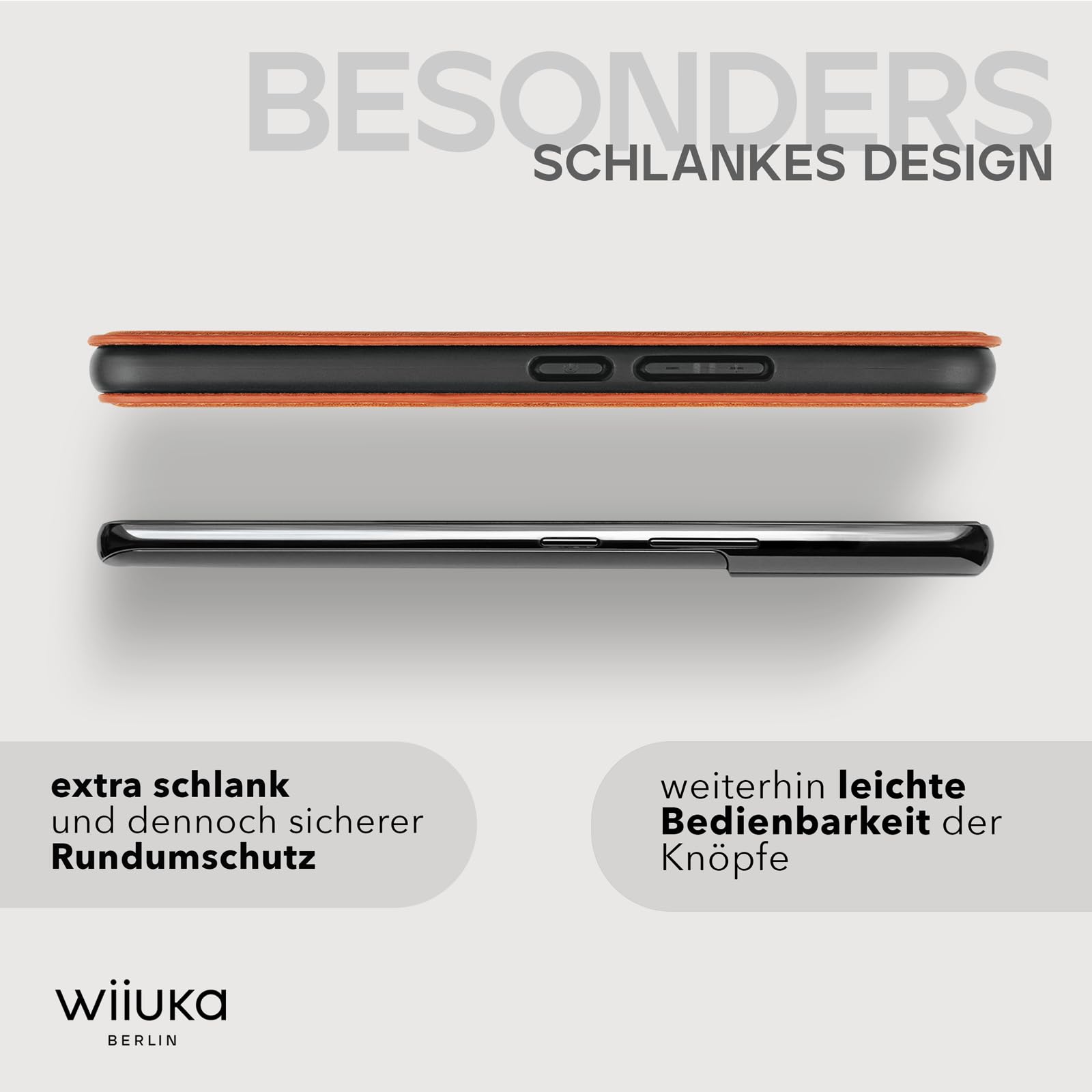 WIIUKA Hülle für Samsung Galaxy S25, Leder aus Deutschland, mit Kartenfach, extra Dünn, Handyhülle mit Standfunktion, Tasche Vintage Cognac Braun