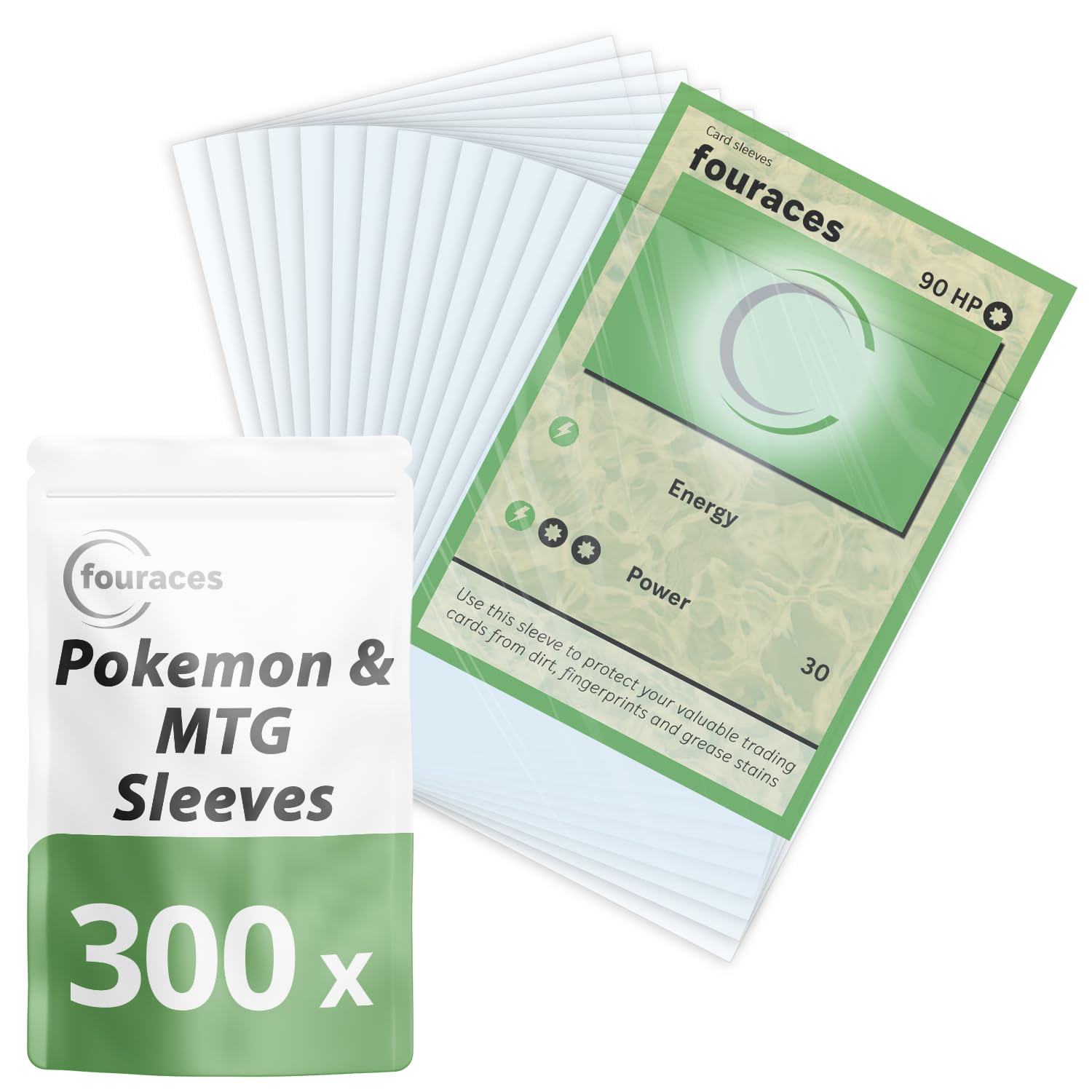 fouraces Kartenhülle, 300 Stück, für Pokemon oder Magic the Gathering Karten, 90 x 66 mm Folie transparent, card sleeves, Kartenhüllen, Sammelkarten Hülle, Spielkarten