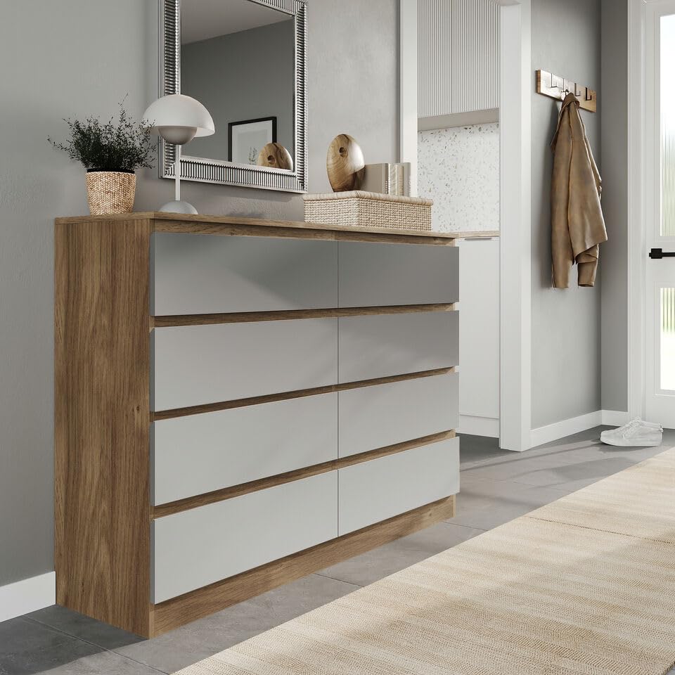 URBNLIVING Modern Oak Wooden Chest with Grey 8 Drawers for Bedroom Office Storage Versatile Bedside Table Stylish Cabinet for Organizing Clothes Accessories Work Place Supplies and Personal Items