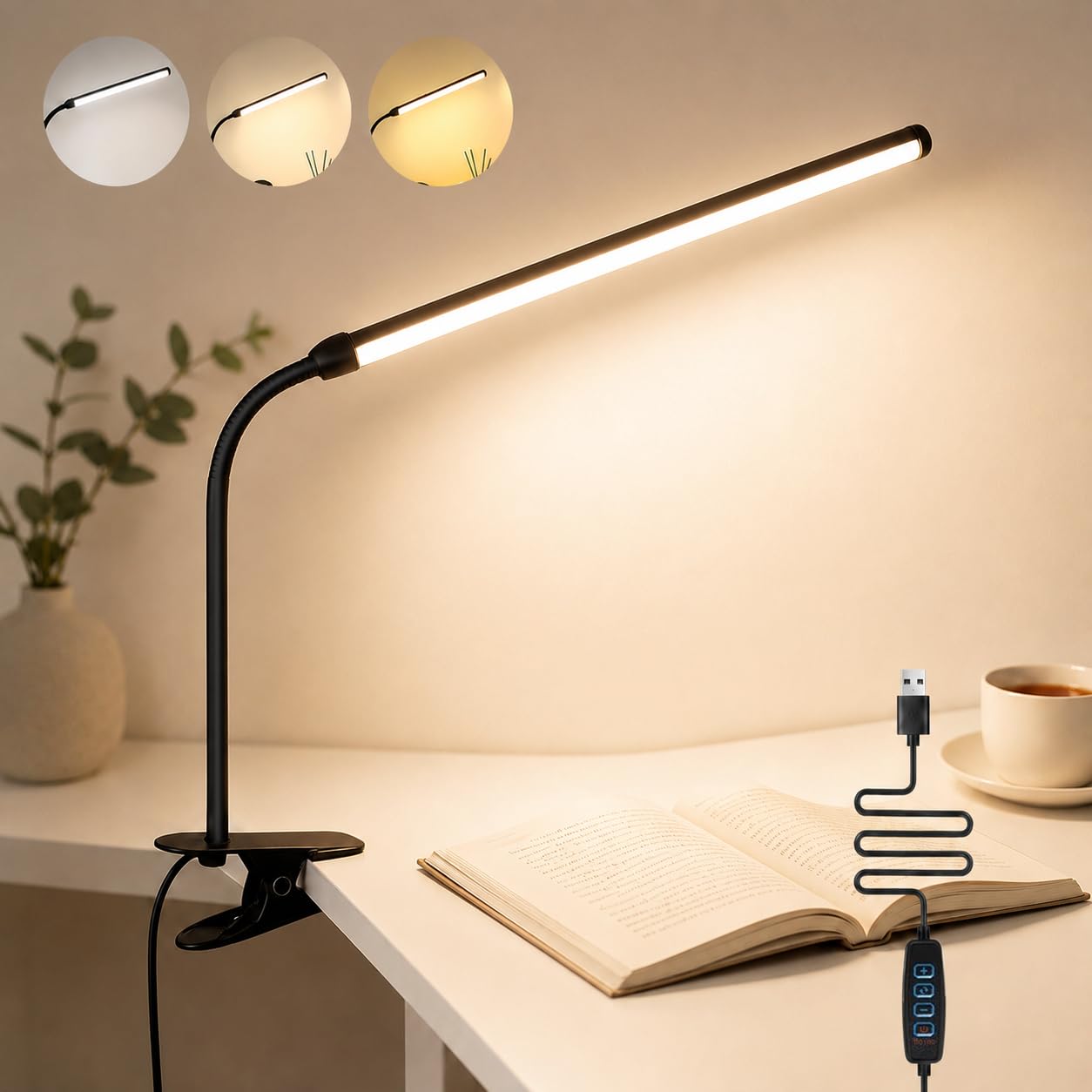 ELEPHANTBOAT® LED Desk Lamp with Clamp 3 Color Modes for Home Office | Sturdy metal clip base, USB powered design works with adapters laptops and power banks for convenient power supply-image-33