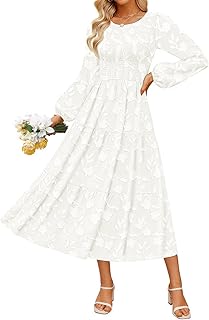 Women's Fall Boho Floral Midi Dress 2025 Casual Long Sleeve Crewneck Flowy Wedding Guest Long Dresses