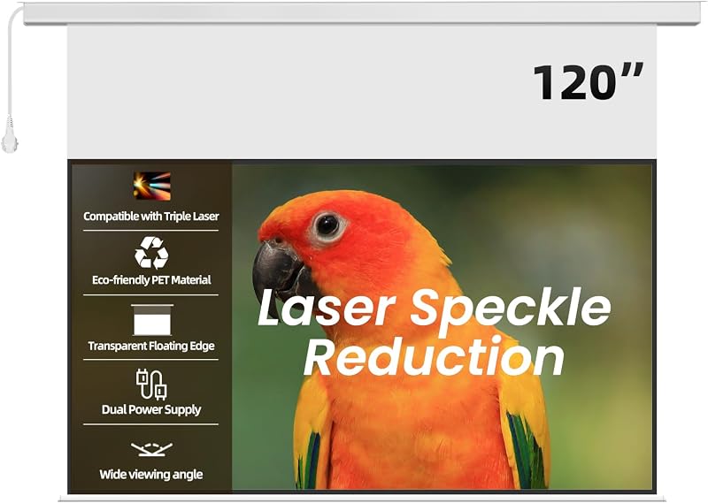 120" PureVision Motorized Projector Screen with Laser Speckle Reduction for Long Throw Projectors,Auto-Sync Movie Screen 4K/8K UHD Ready,20" Adjustable Drop and Black Backing for Enhanced Contrast