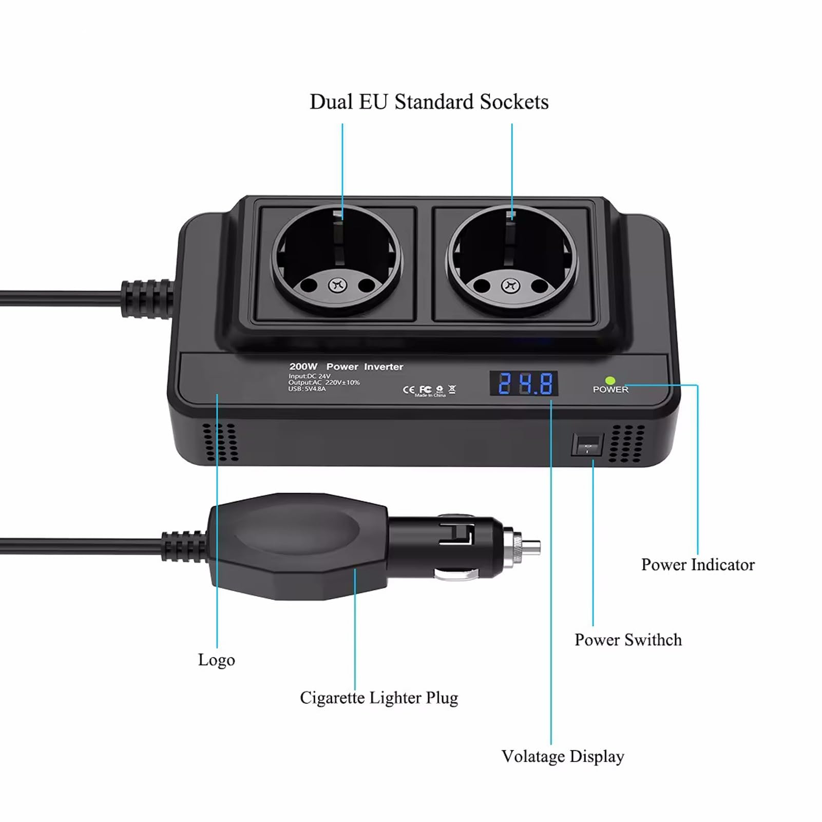 Samochodowa przetwornica przetwornica napięcia 200 W, 12 V na 230 V, czysta sinusoidalna, 2 gniazda EU AC, 4 porty USB i wtyczka do zapalniczki
