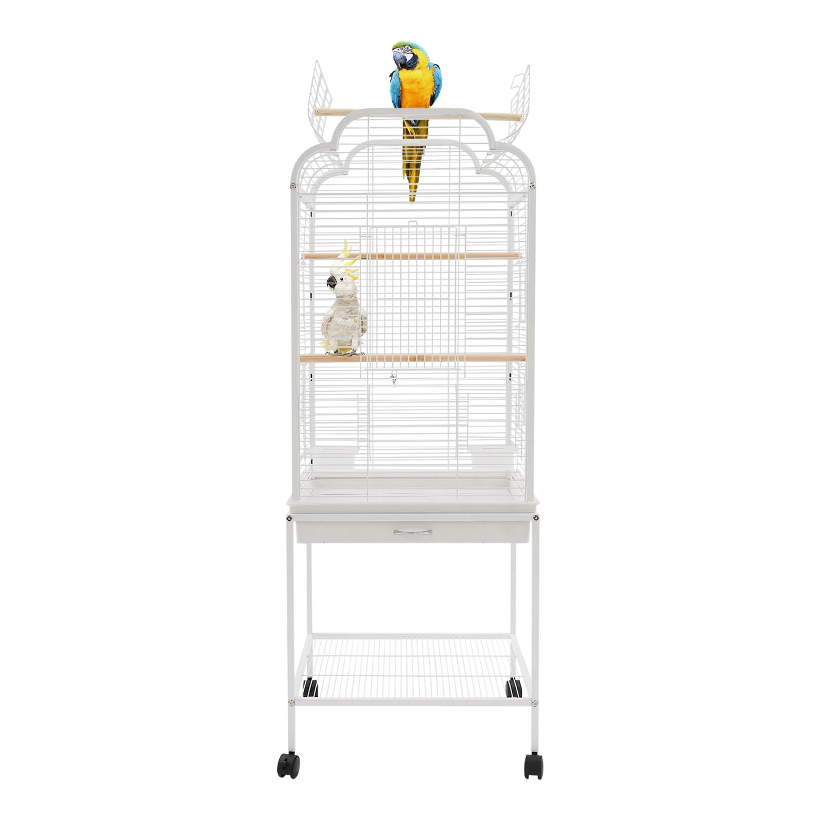 Pajarera grande con 2 cajas de comida, color blanco | Jaula para pájaros con 4 ruedas (2 frenos), con 3 sillas de madera, para pájaros pequeños y medianos (48 x 46 x 134 cm)