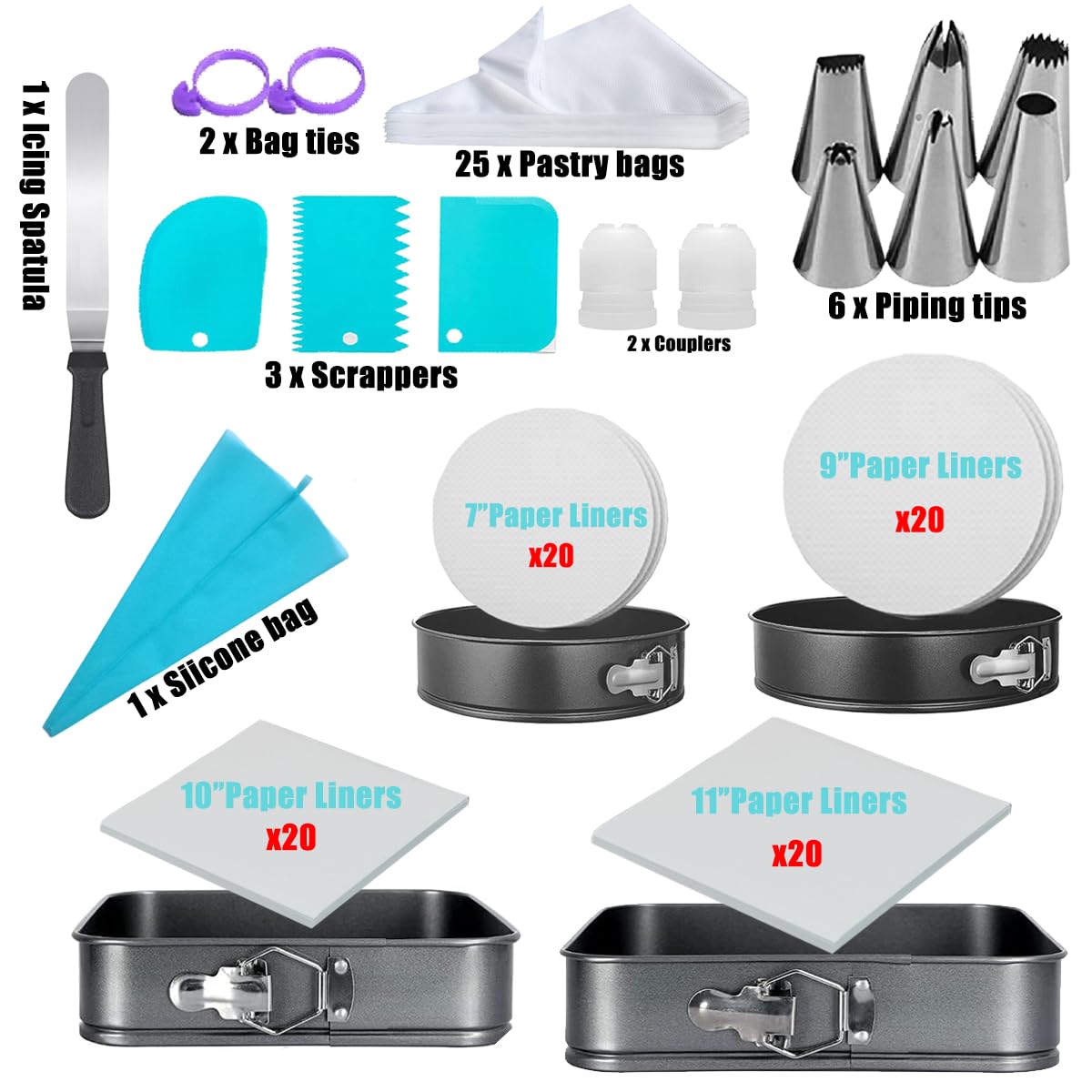 Juego de 124 moldes de resorte, juego de moldes redondos cuadrados para tartas, moldes para tartas de queso de 7/9/10/11 pulgadas con fondo extraíble y suministros de kit de decoración de pasteles,