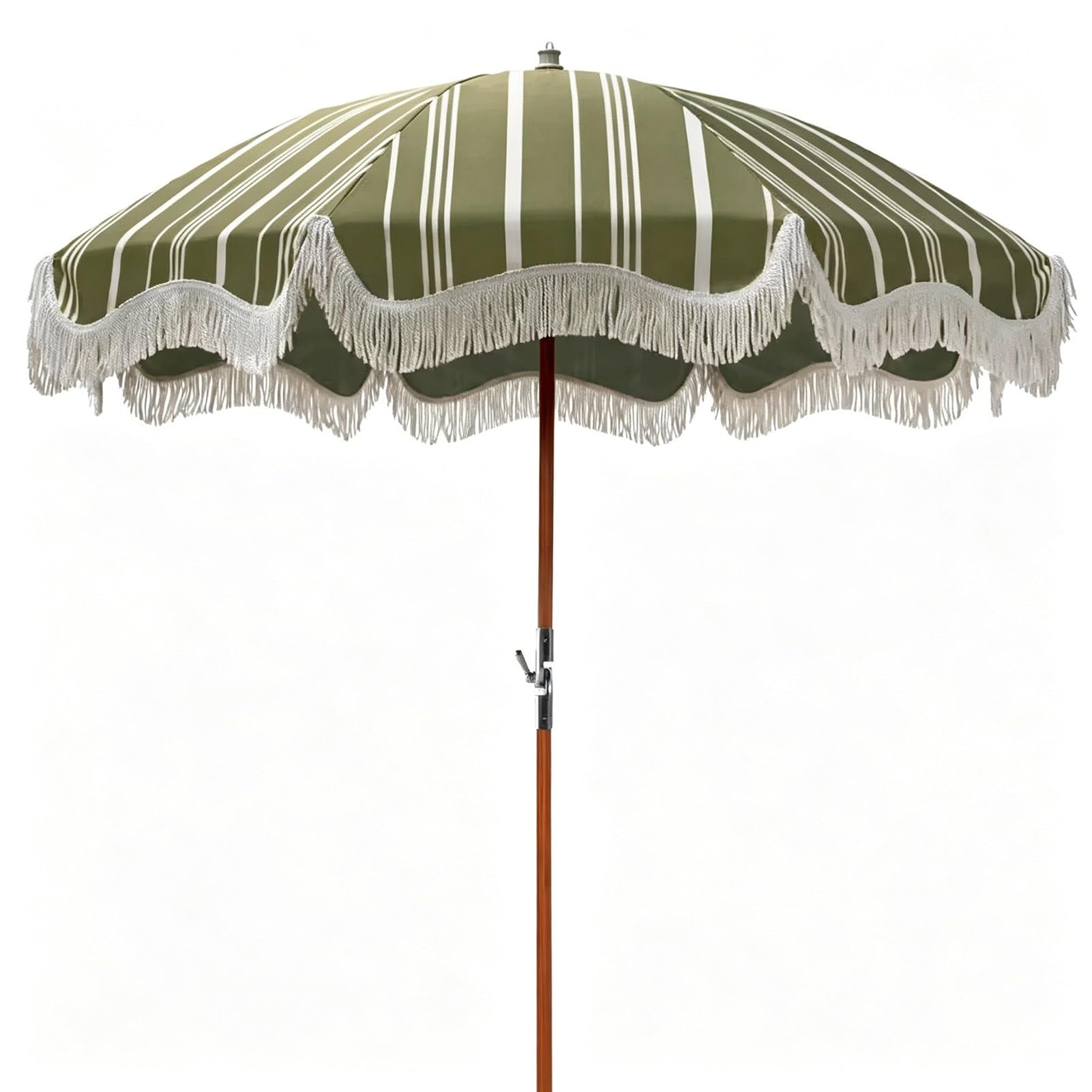 200 cm Vintage Parasol Plażowy w Paski z Frędzlami; Składany Parasol Ogrodowy w Boho z Drewnianym Trzonkiem i 8 Żebrami z Włókna Szklanego