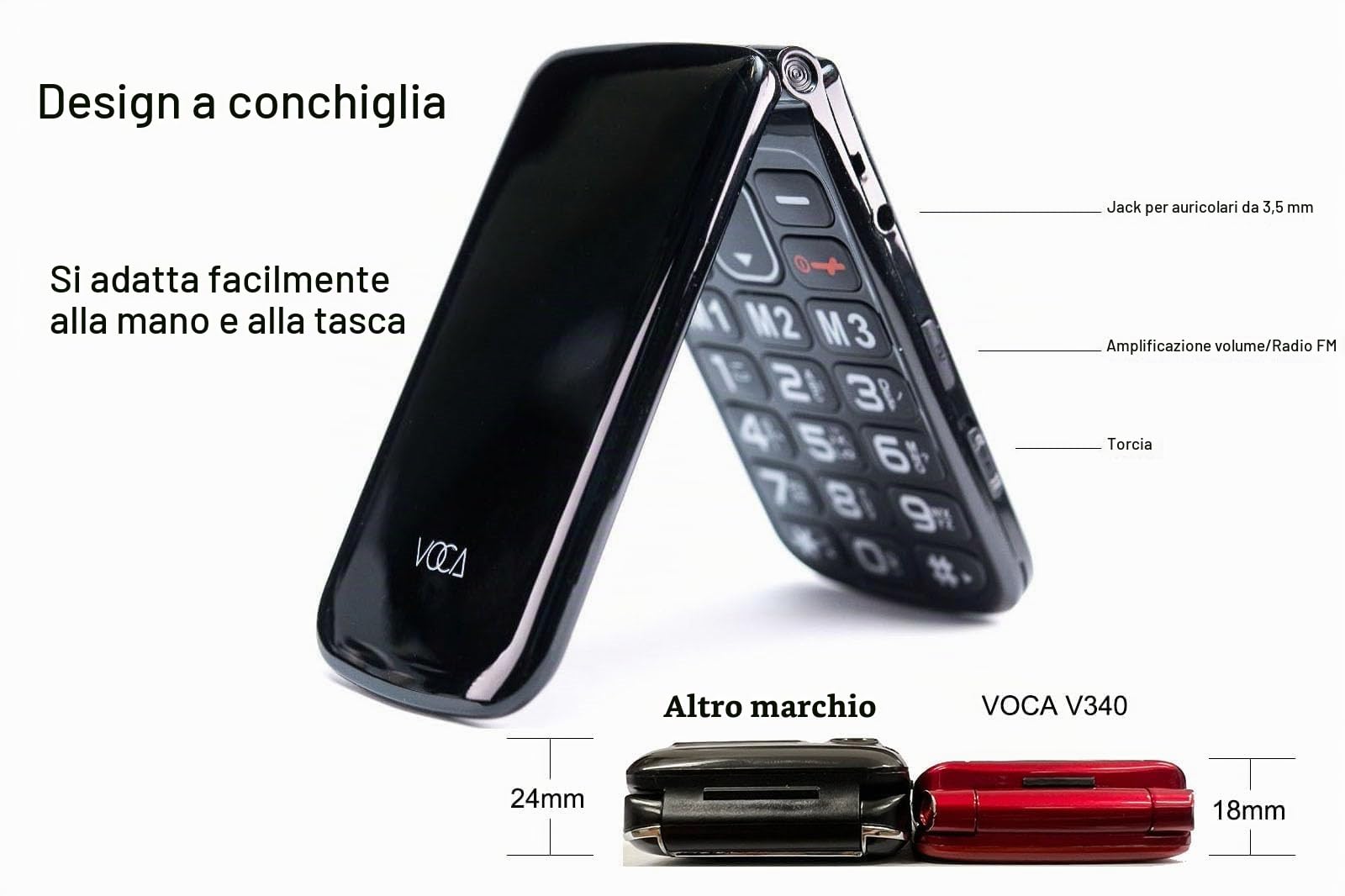 Telefono a conchiglia VOCA con tasti grandi per anziani | 4G LTE sbloccato | Volume alto | Tasto SOS | Chiamata rapida | Testo predittivo | Base di ricarica | V340 (Rosso)