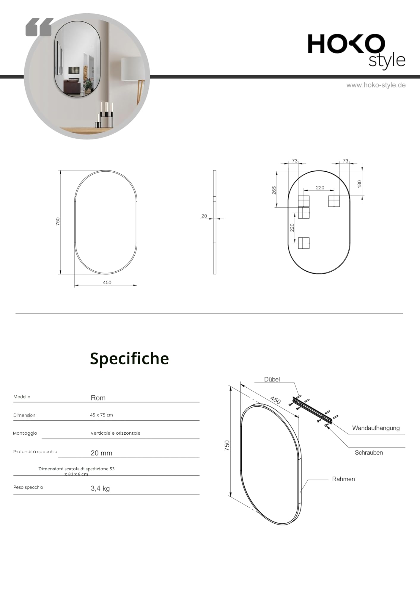 HOKO® Specchio da Parete Ovale 45 x 75 cm con Cornice in Metallo Nero Opaco. può Essere Montato in Alto e QUADRICALE. Bagno, corridoio, Camera da Letto, Soggiorno