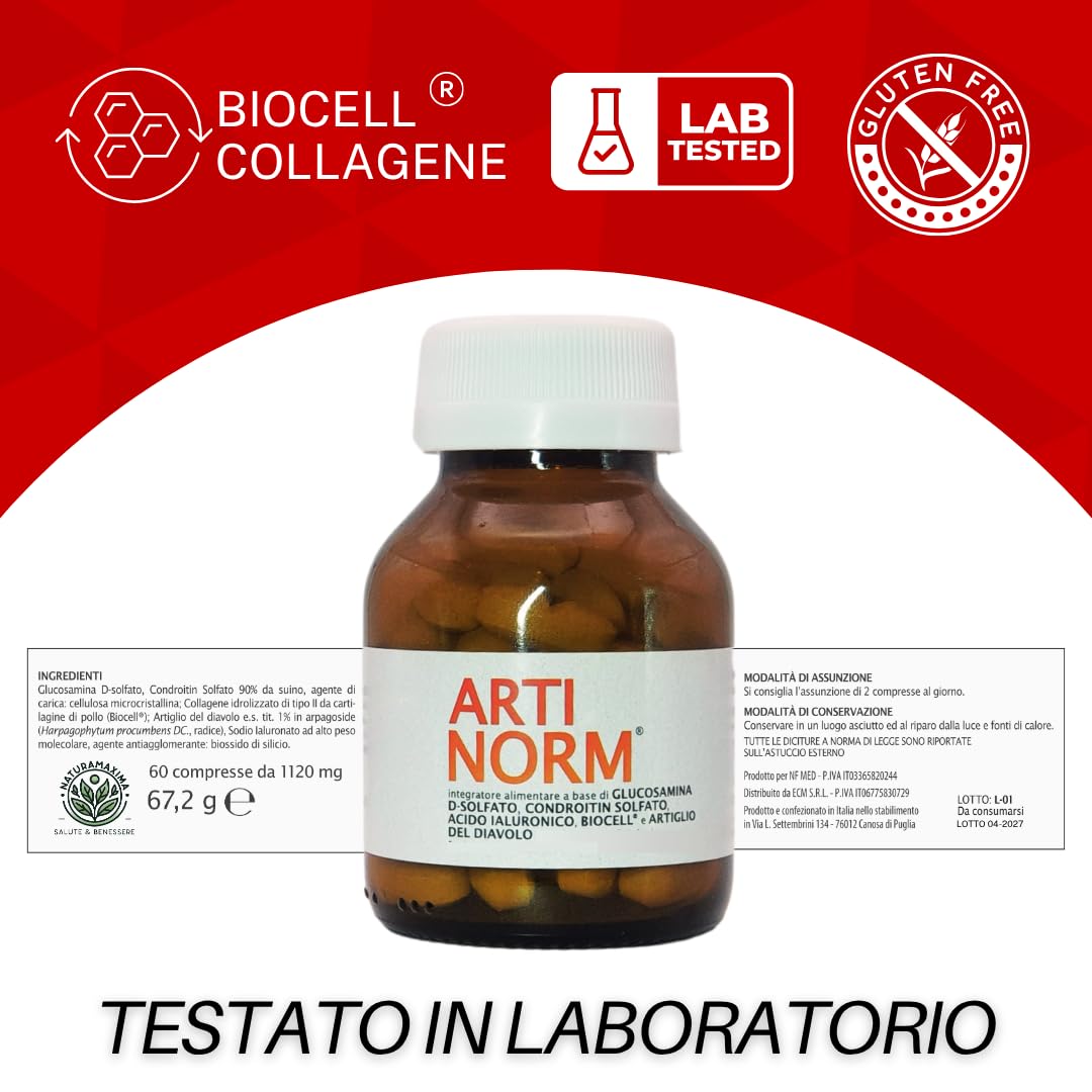 ARTINORM Integratore Alimentare – 60 Compresse con Glucosamina, Condroitina, Acido Ialuronico e Collagene BioCell