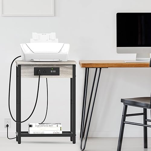 Miniatura 22 de CADUKE Juego de 2 mesitas de noche, mesita de noche con estación de carga para dormitorio, mesa auxiliar industrial con puertos USB y tomas de café