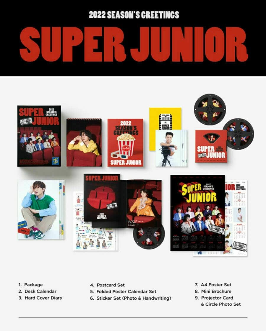 SUPER JUNIOR 2022 SEASON’S GREETINGS ( Desk Calendar+Hard Cover Diary+Post Card Set+Folded Poster Calendar Set+Sticker Set+A4 Poster Set+Mini Brochure+Projector Card & Circle Photo Set+STORE CARD )